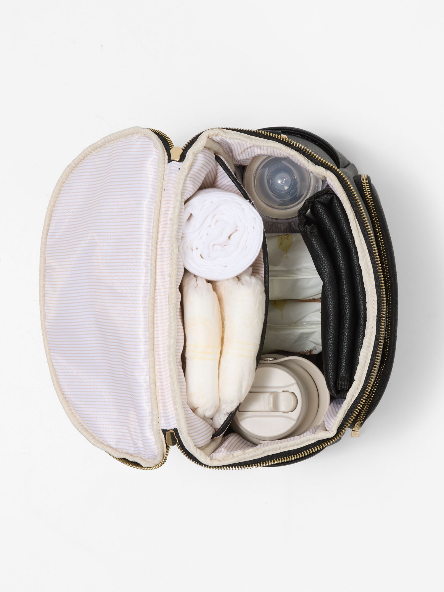 Organised baby changing backpack with dedicated storage for nappies, wipes and bottles