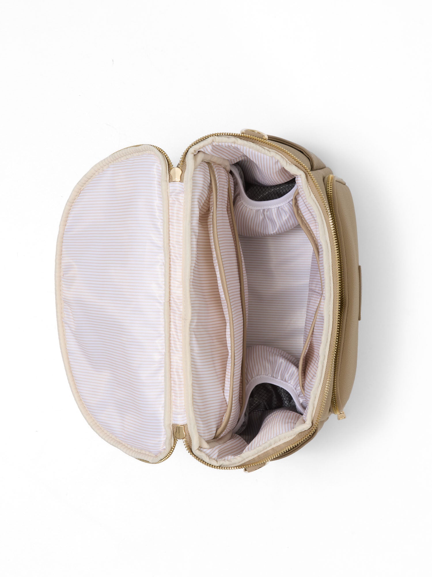 Beige vegan leather nappy backpack with spacious interior compartments and insulated bottle pockets