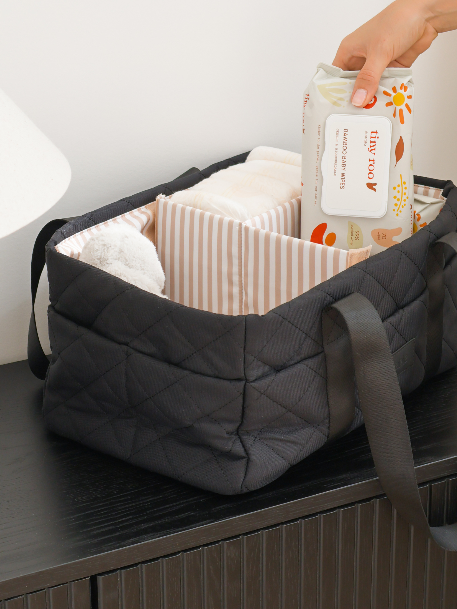 Black Quilted Nappy Caddy quilted nappy caddy for organising nursery and baby change essentials luxury nursery essential