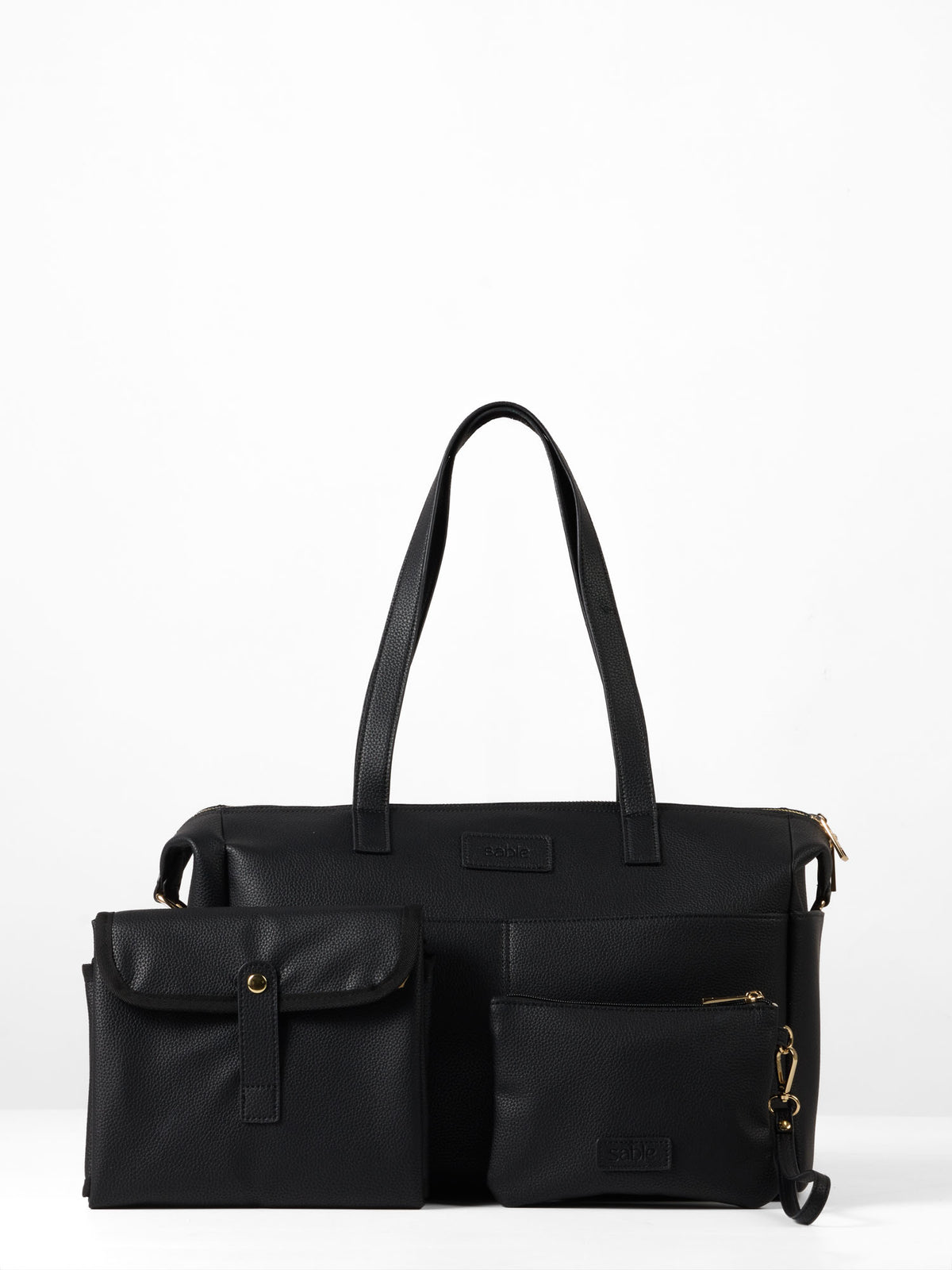 Sable Bebe black nappy bag bundle, including a nappy bag, change mat and zipped pouch