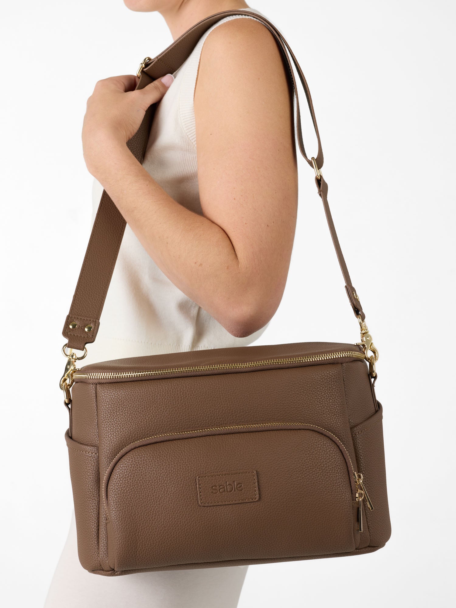 Vegan leather stroller organiser with detachable shoulder strap for hands-free carrying