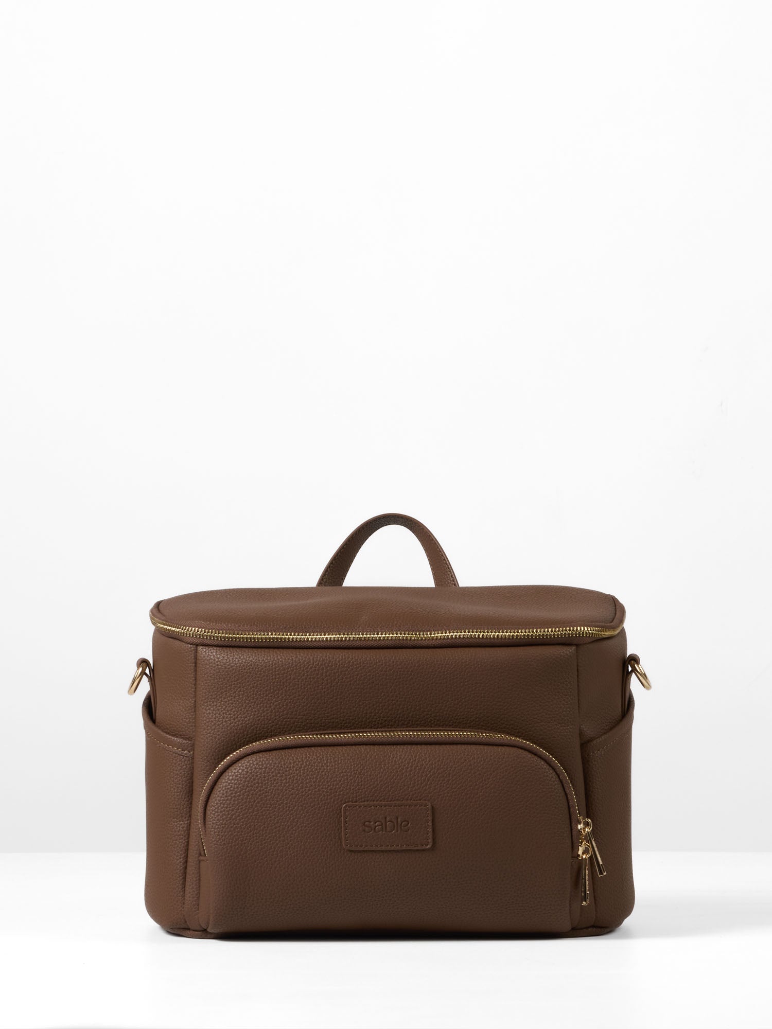 Chocolate vegan leather pram caddy with pram straps for stroller organisation