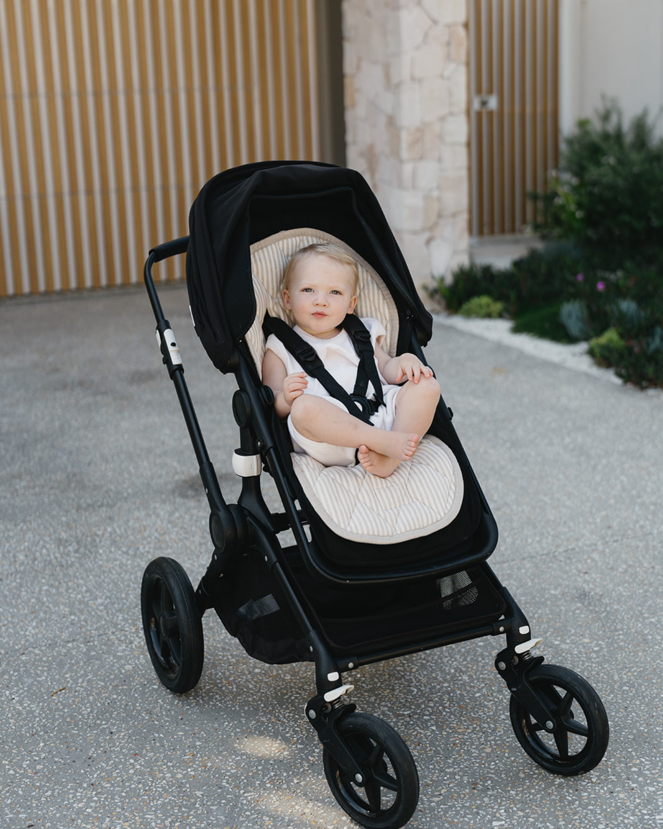 Beige Striped linen pram liner with soft padding
