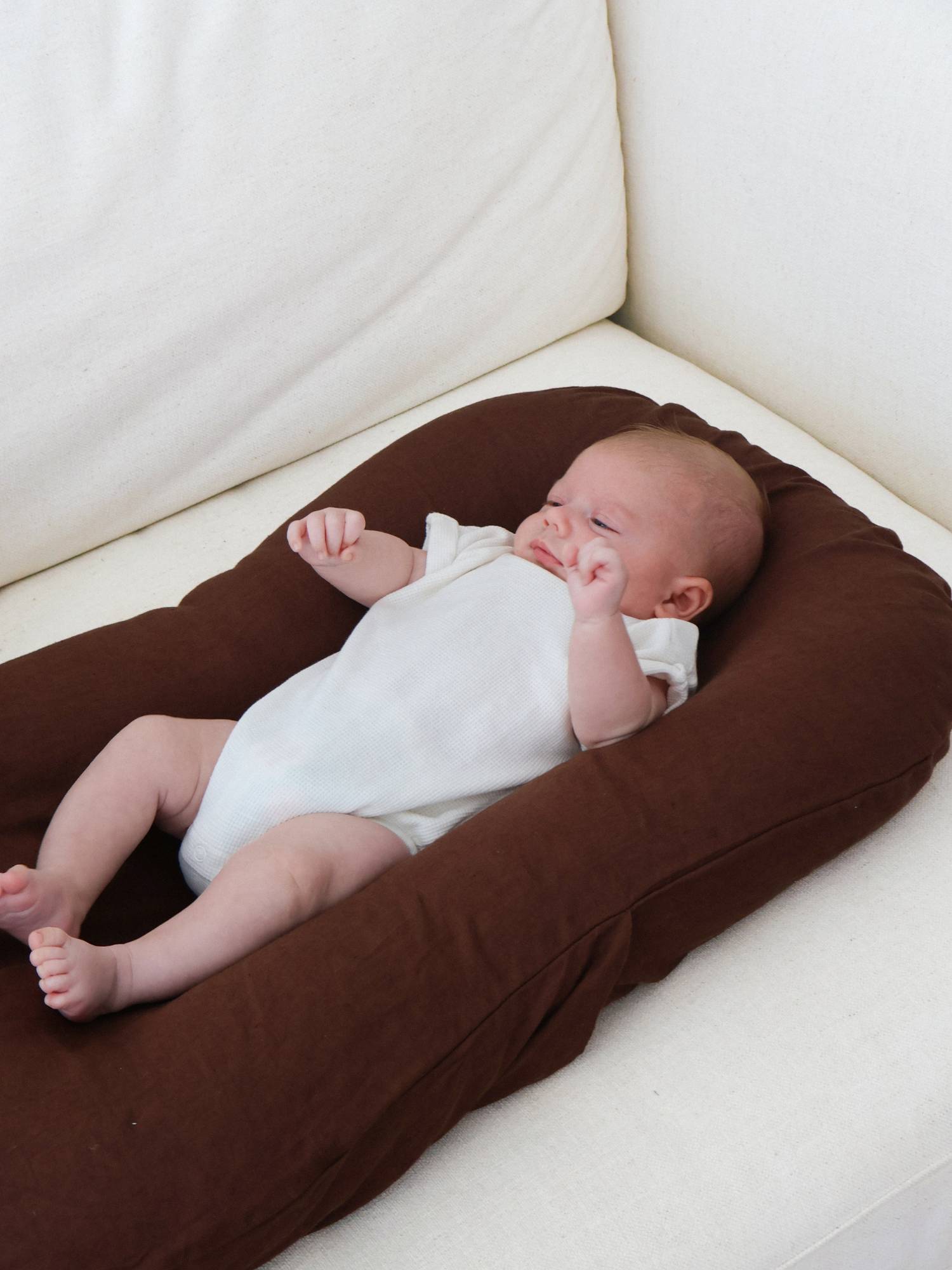 Linen Social Baby Lounger | Chocolate linen baby lounger for supervised awake time and premium nursery styling luxury nursery essential