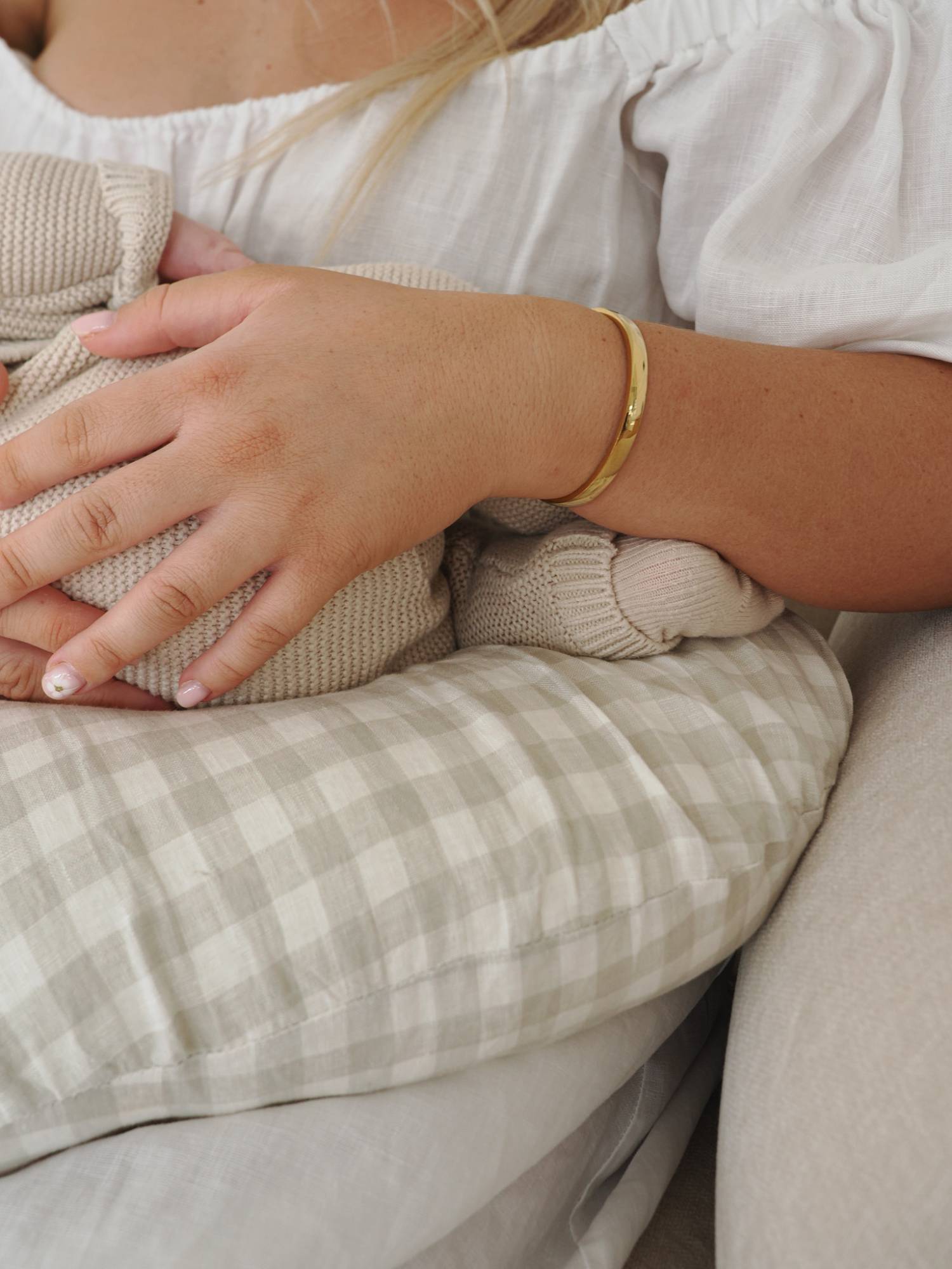 Linen Nursing Pillow - Dove Grey Gingham linen nursing pillow for newborn feeding support and postpartum comfort premium baby essentials