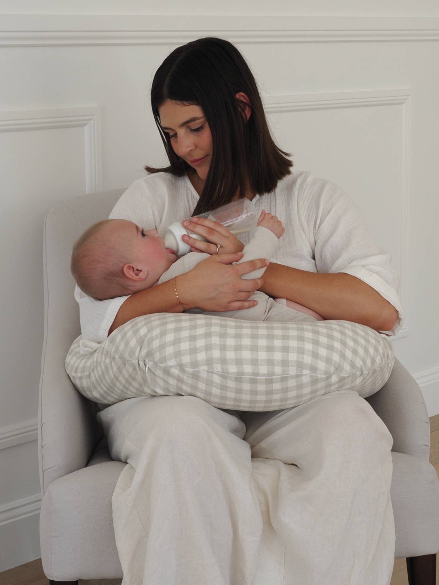 Linen Nursing Pillow - Dove Grey Gingham linen nursing pillow for newborn feeding support and postpartum comfort minimal nursery aesthetic