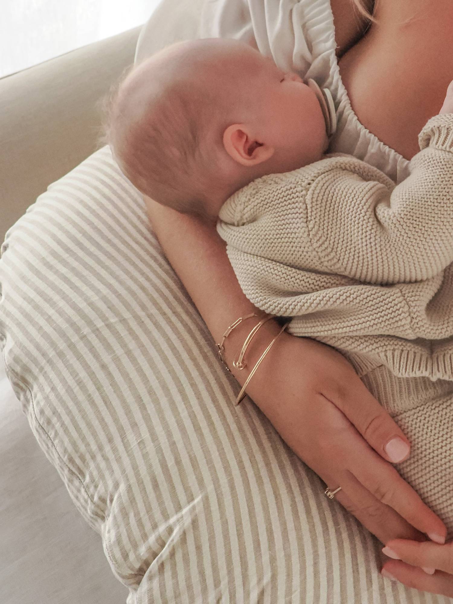 Linen Nursing Pillow - Natural Striped linen nursing pillow for newborn feeding support and postpartum comfort baby shower gift idea