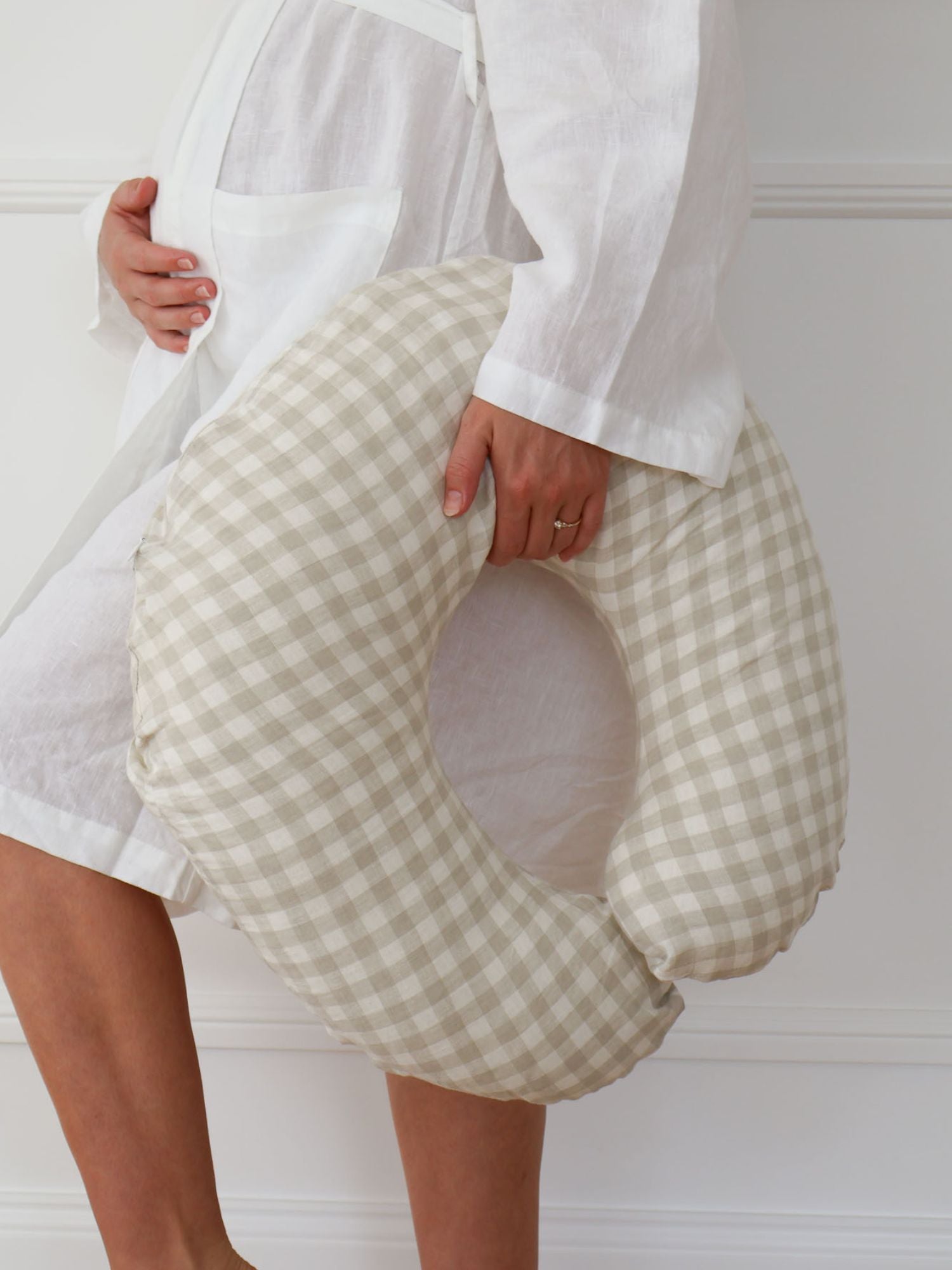 Linen Nursing Pillow - Dove Grey Gingham linen nursing pillow for newborn feeding support and postpartum comfort newborn nursery must have