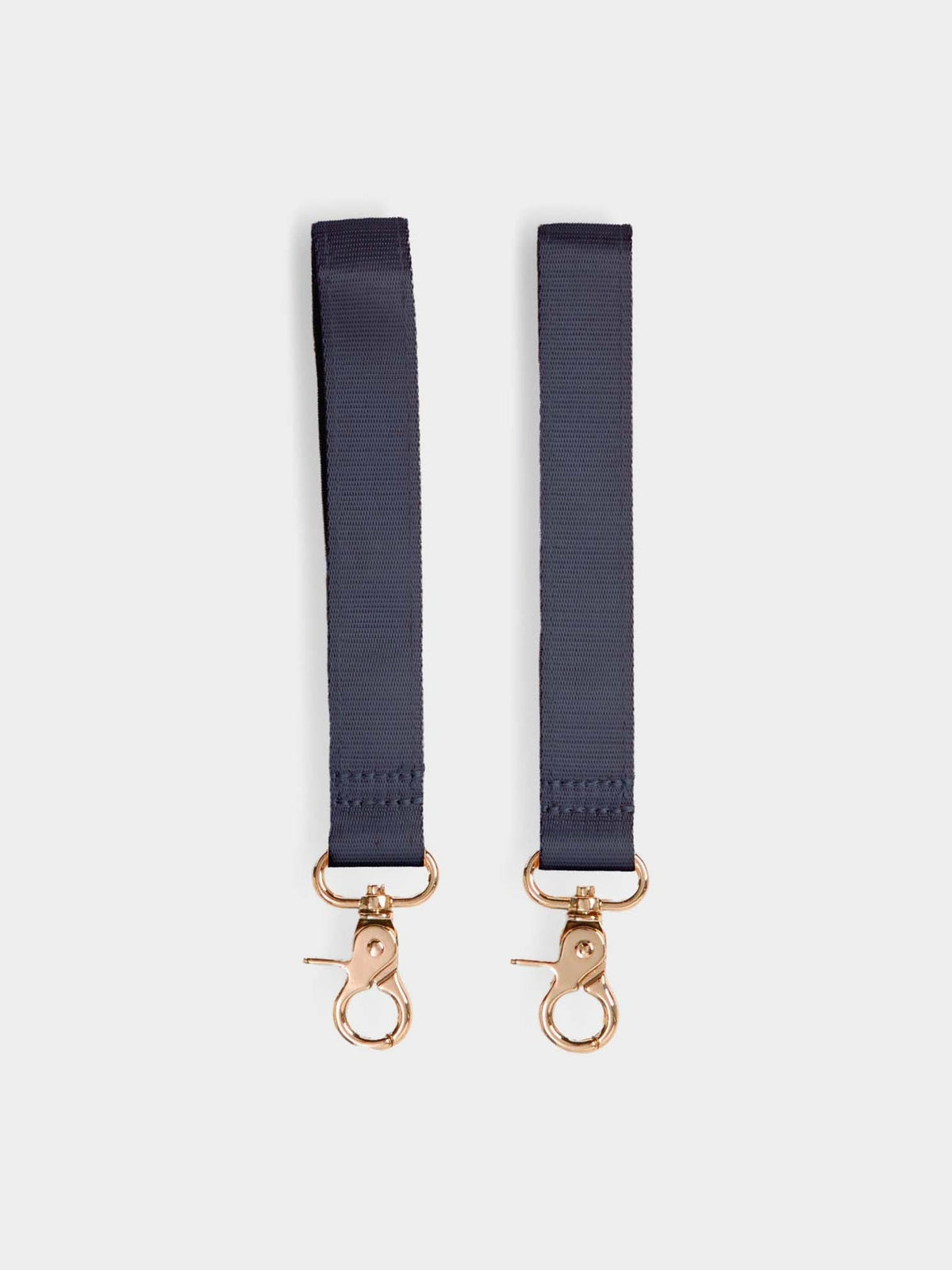 Pair of dusty blue Velcro pram straps with gold swivel clips