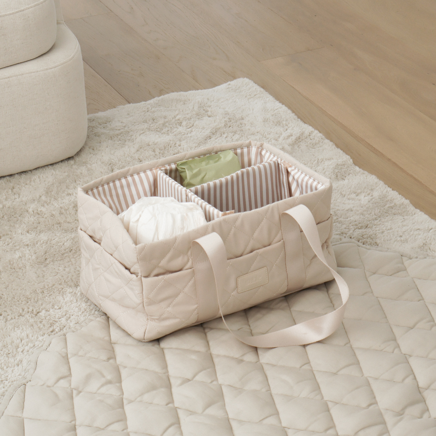Sand Quilted Nappy Caddy quilted nappy caddy for organising nursery and baby change essentials luxury nursery essential