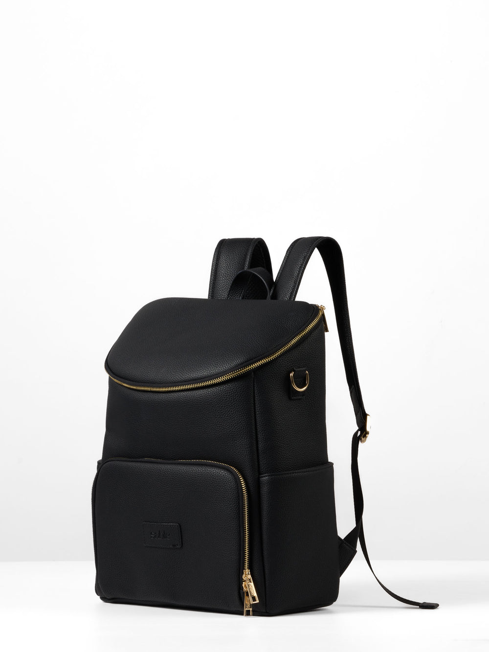 Black vegan leather nappy backpack, three-quarter view