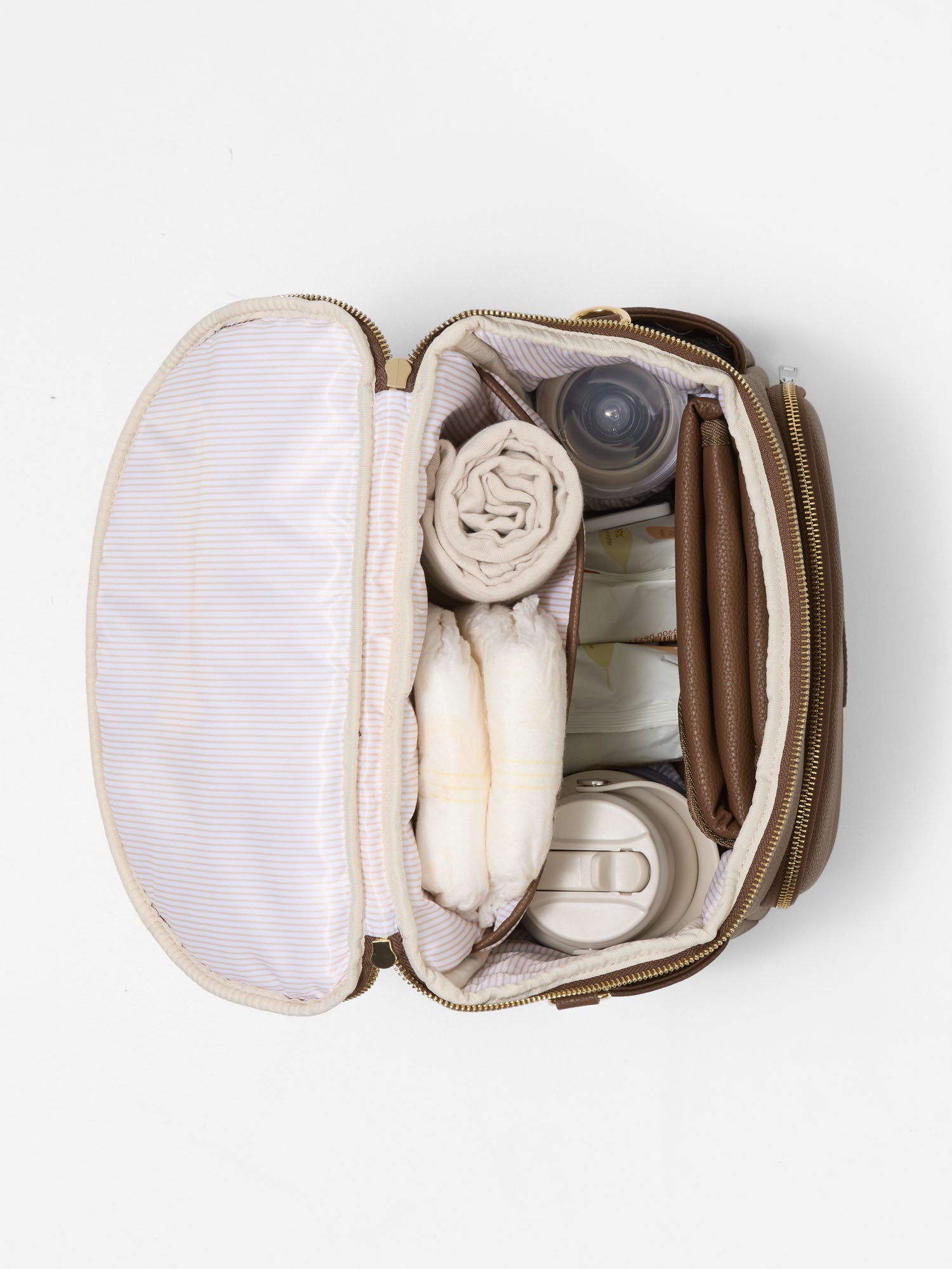 Brown vegan leather nappy backpack with spacious interior compartments and insulated bottle pockets