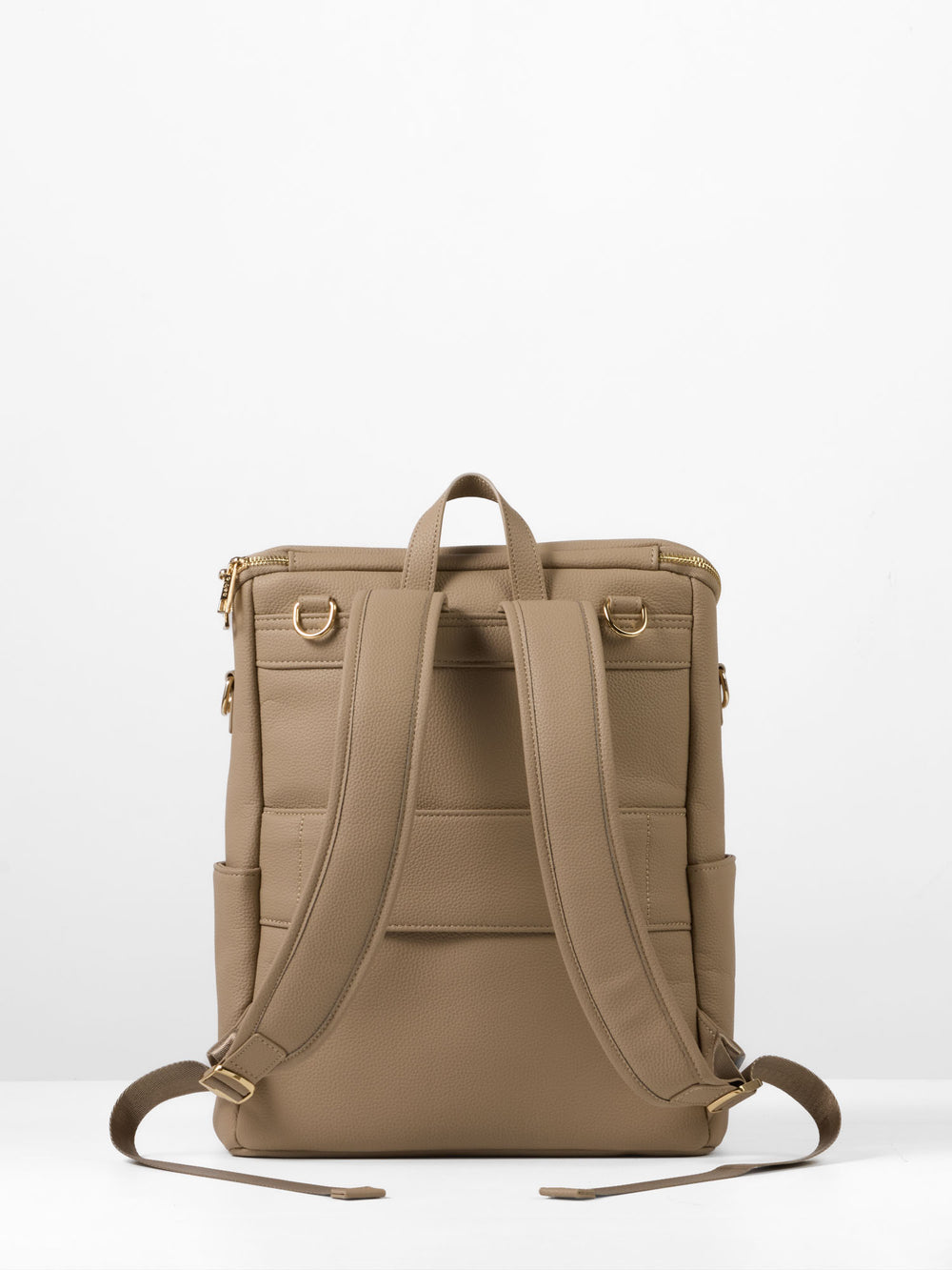 Back of the taupe nappy backpack showing padded straps and luggage sleeve
