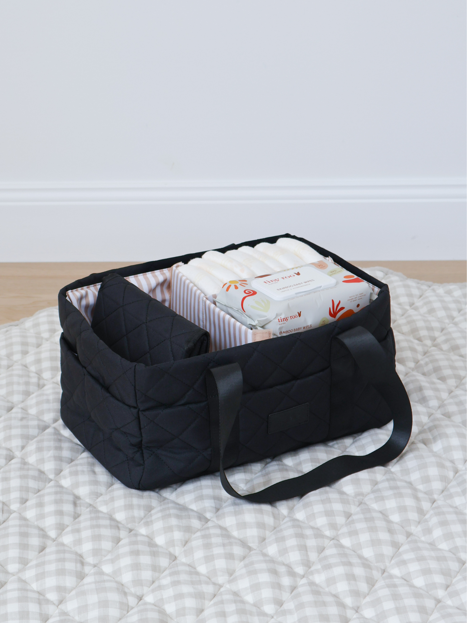 Black Quilted Nappy Caddy quilted nappy caddy for organising nursery and baby change essentials minimal nursery aesthetic