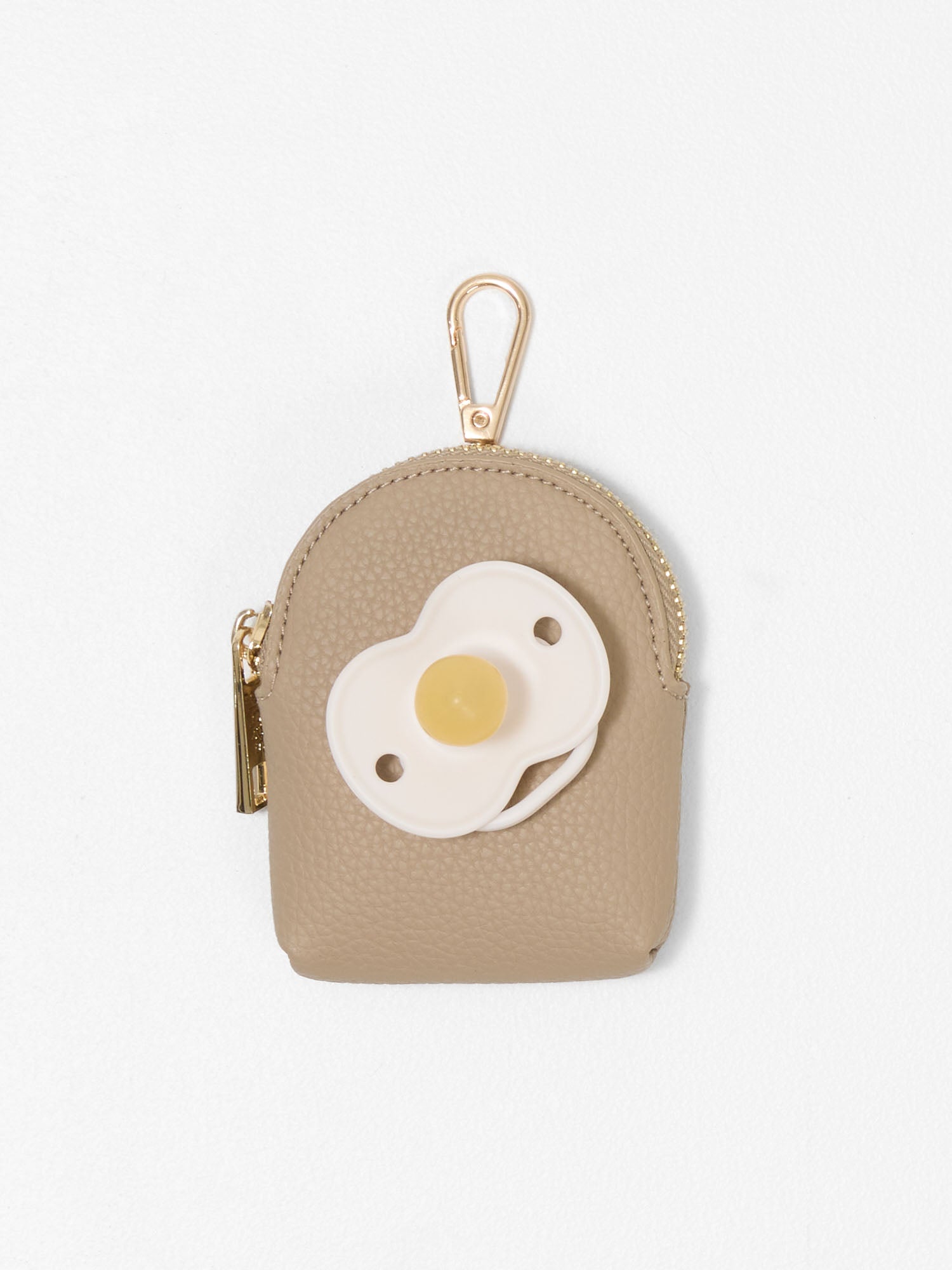 Beige Vegan leather dummy pouch with clip attachment, fits 1 to 2 baby dummies"