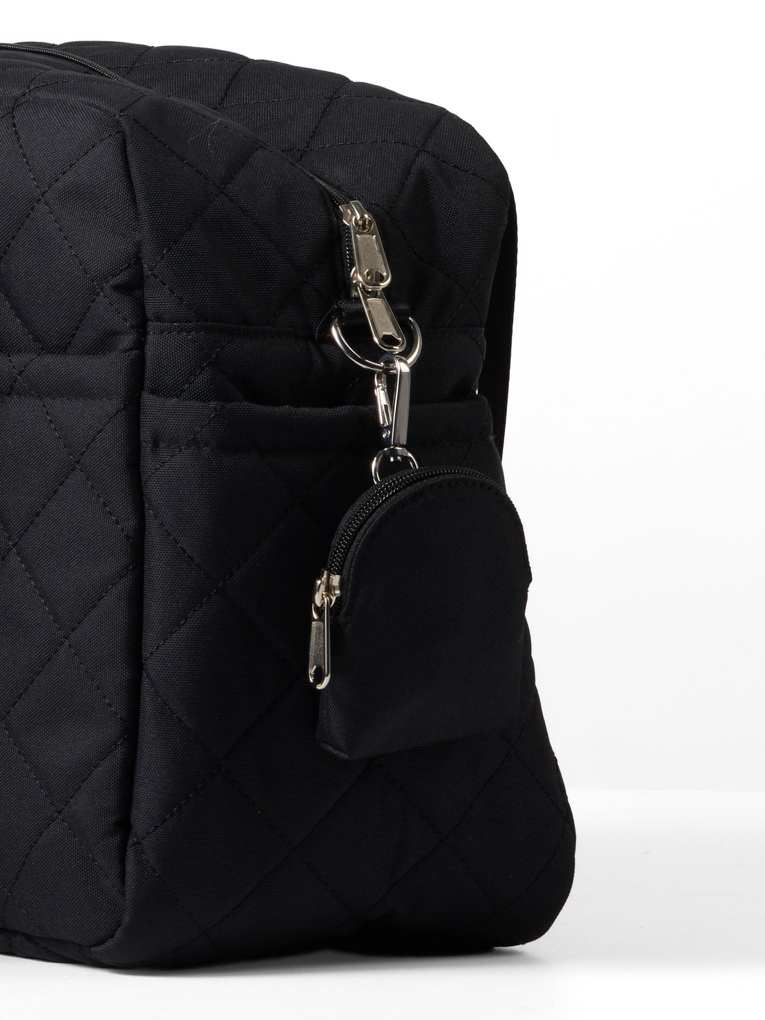Black Baby dummy pouch clipped to a quilted nappy bag with space for 1–2 dummies
