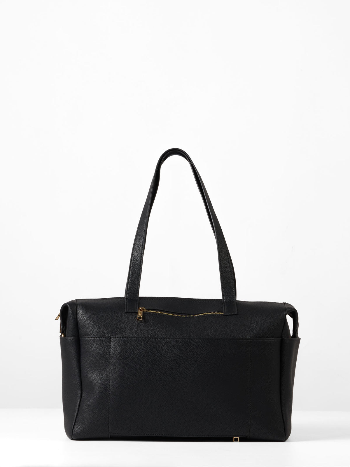 Back image of the Sable Bebe black nappy bag displaying the back zipper and luggage sleeve