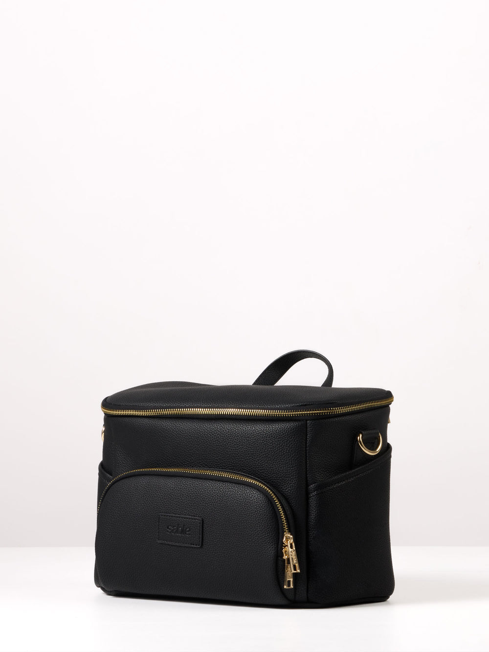 Black vegan leather pram caddy, three-quarter view