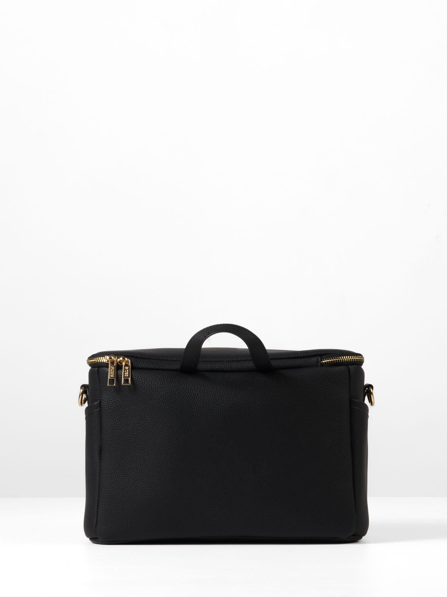 Black Vegan leather pram caddy with pram straps, shoulder strap and organised storage compartments