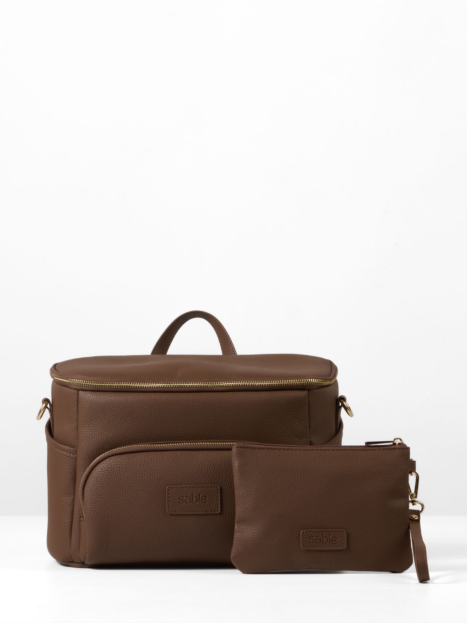 Chocolate pram caddy organiser with matching essentials pouch and stroller attachment straps
