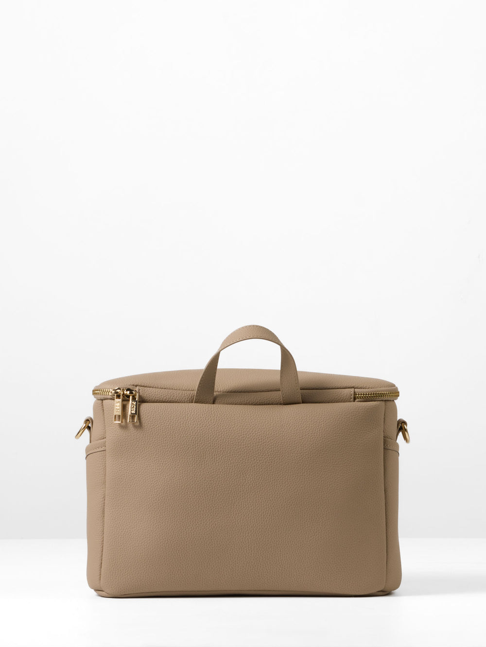 Back of the taupe vegan leather pram caddy
