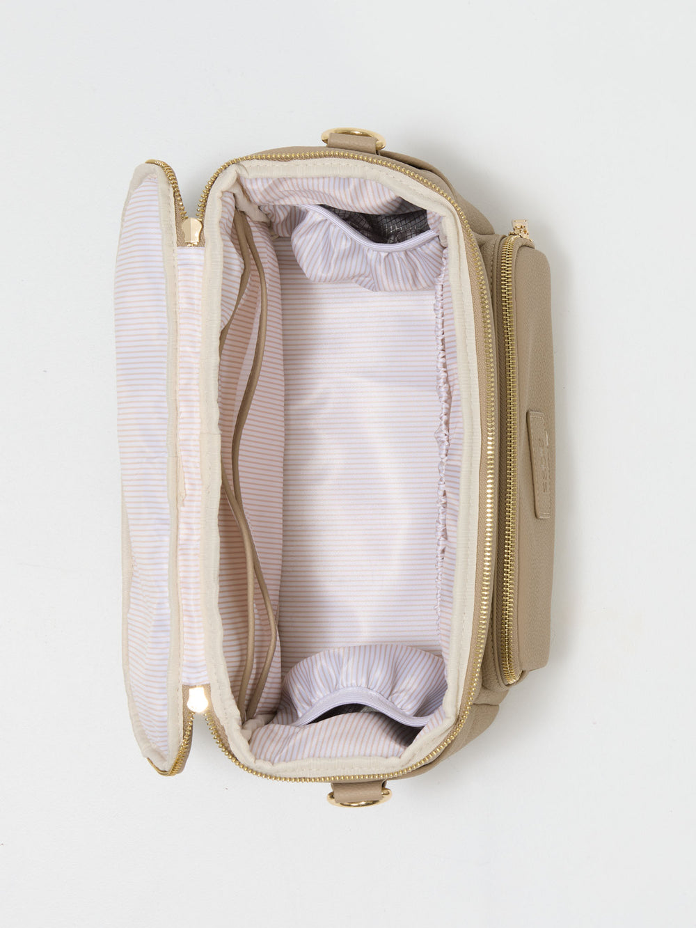 Top view of the open taupe pram caddy showing its lining and bottle pockets