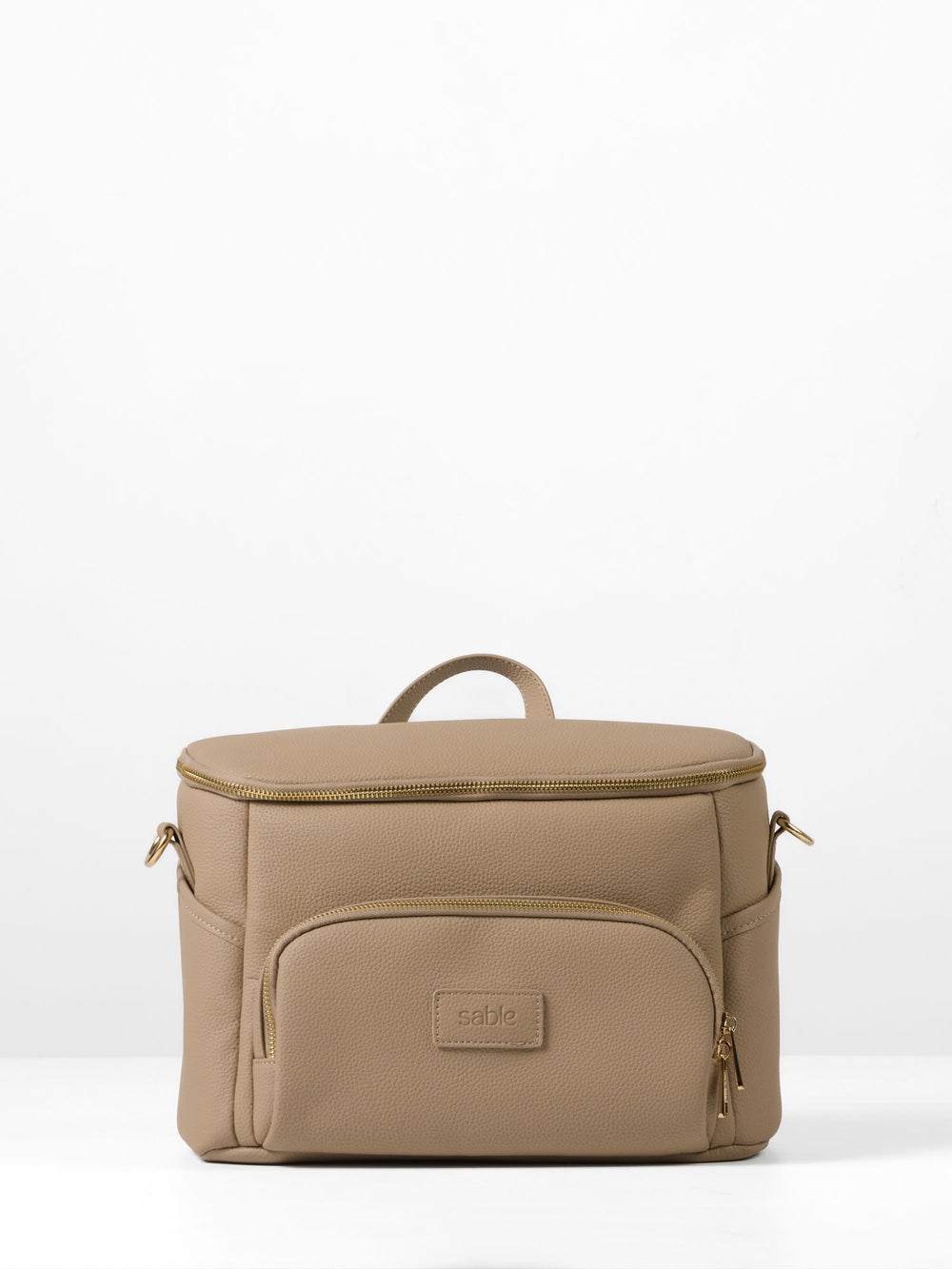 Taupe vegan leather pram caddy, front view