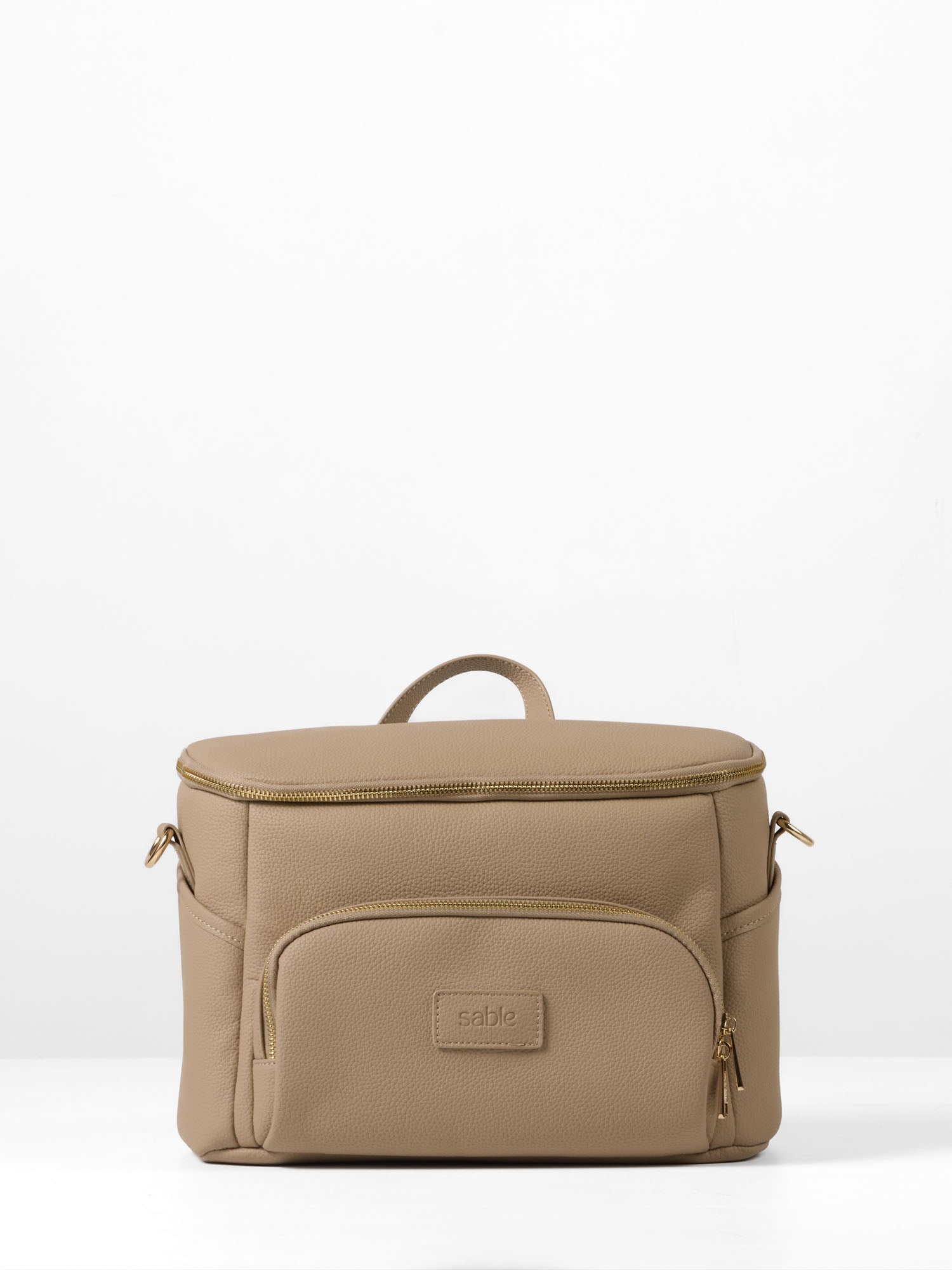 Taupe Vegan leather pram caddy organiser with adjustable pram straps and multiple storage compartments