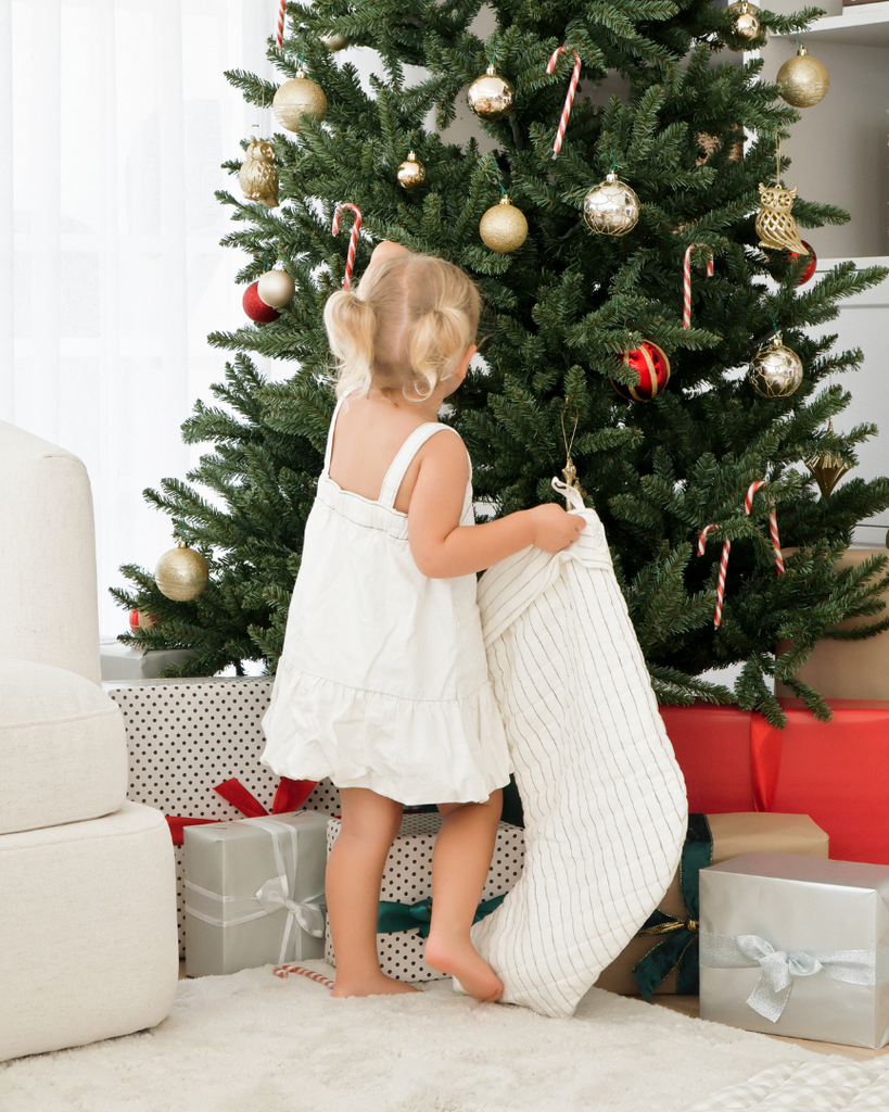 Holiday stocking in linen with quilted texture