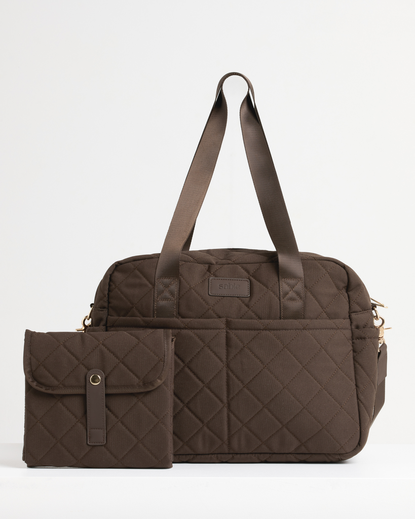 Brown baby bag and change mat essentials set