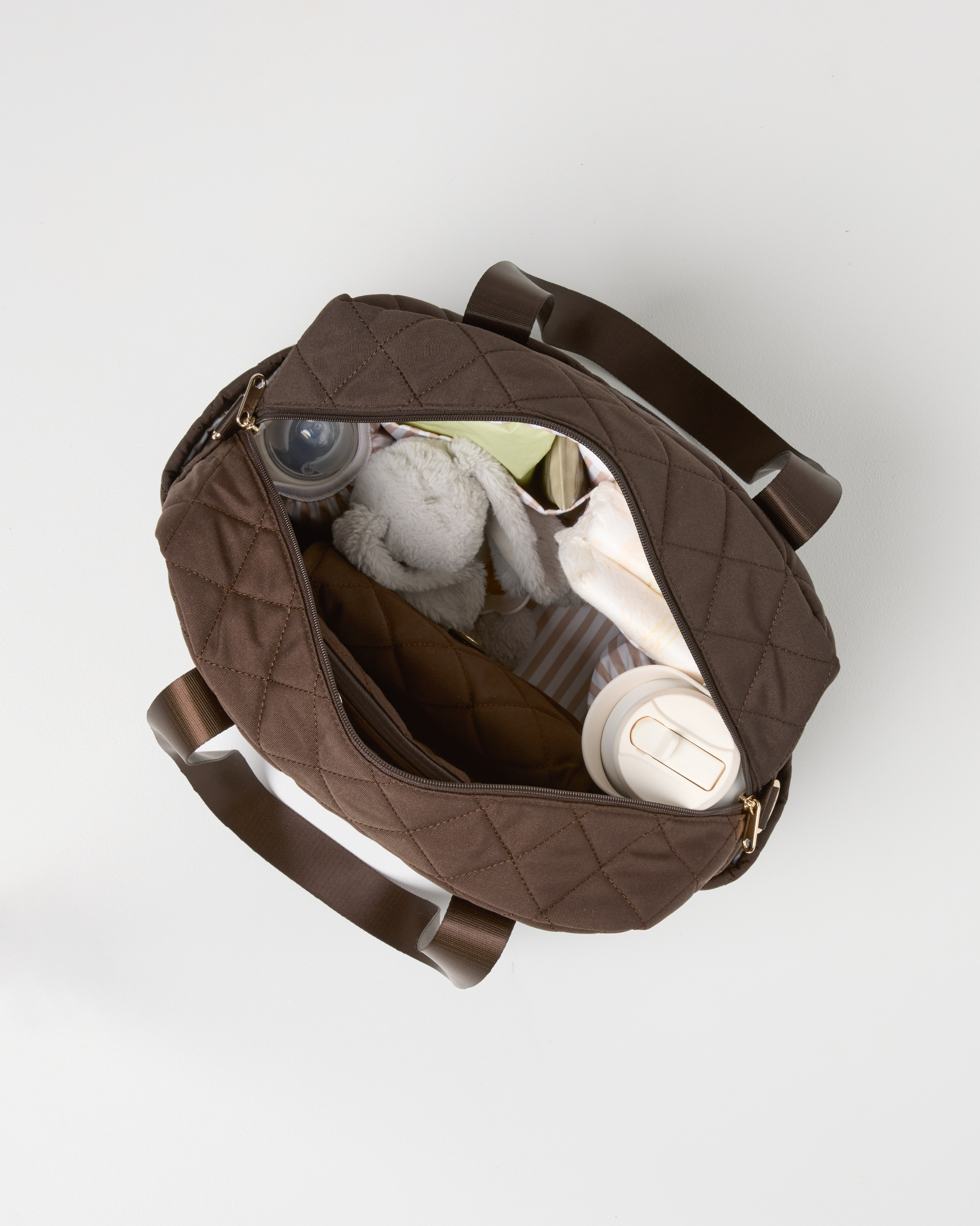 Quilted chocolate diaper bag with shoulder strap