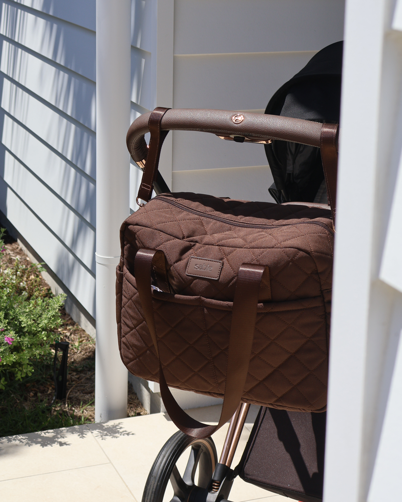 Brown Nappy bag bundle with pram clips