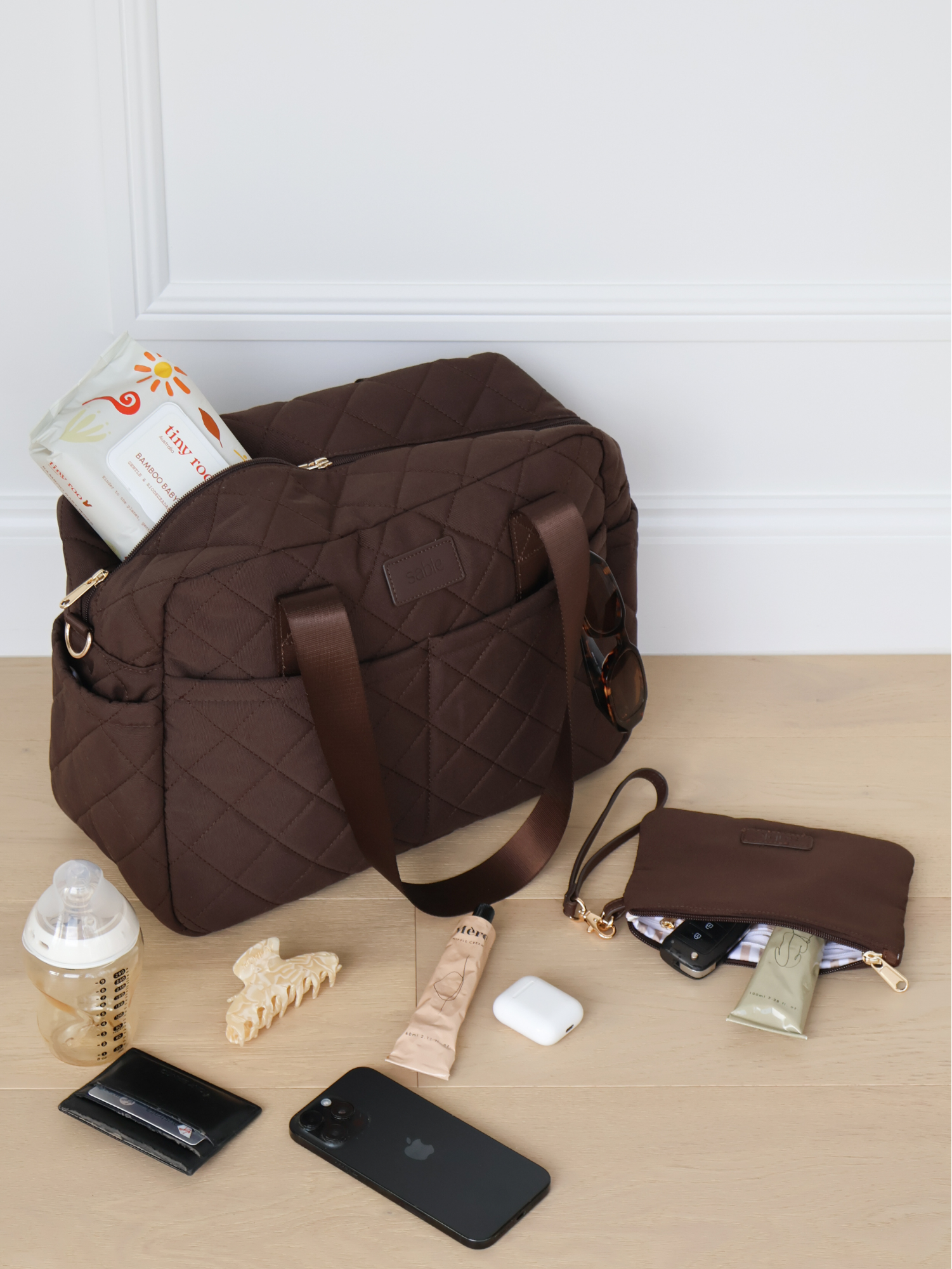 Chocolate Quilted Nappy Bag quilted nappy bag with spacious storage for baby travel and everyday parenting neutral nursery styling