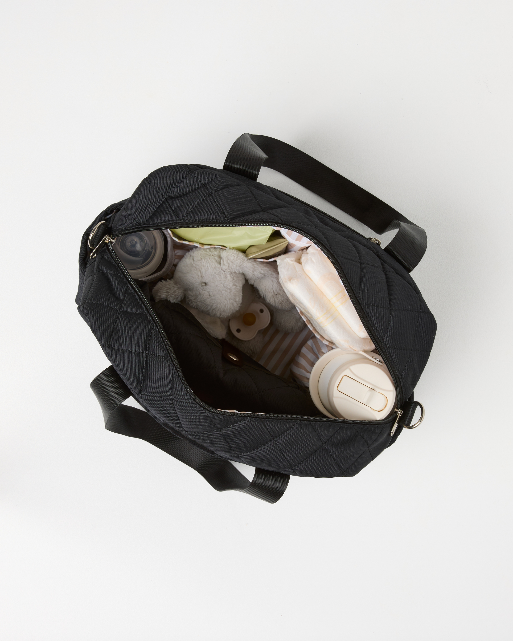 Black baby bag with multiple compartments
