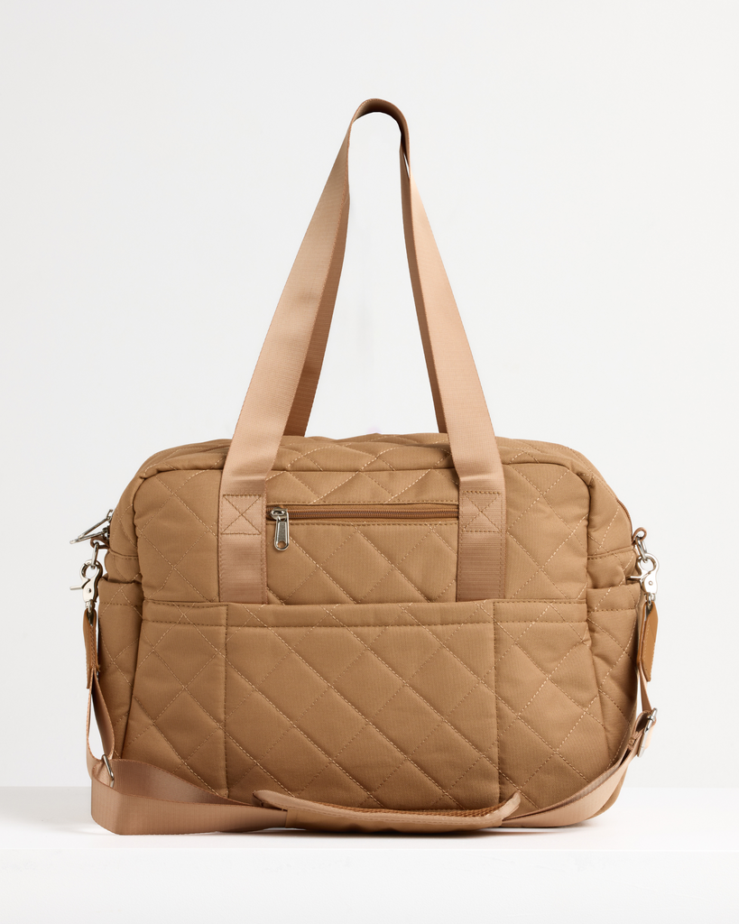 Leather-look tan nappy bag with pram clips