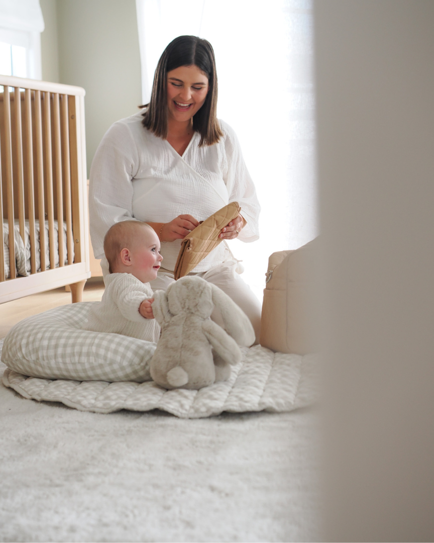 Removable gingham cover designed to fit Sable Bebe nursing pillow