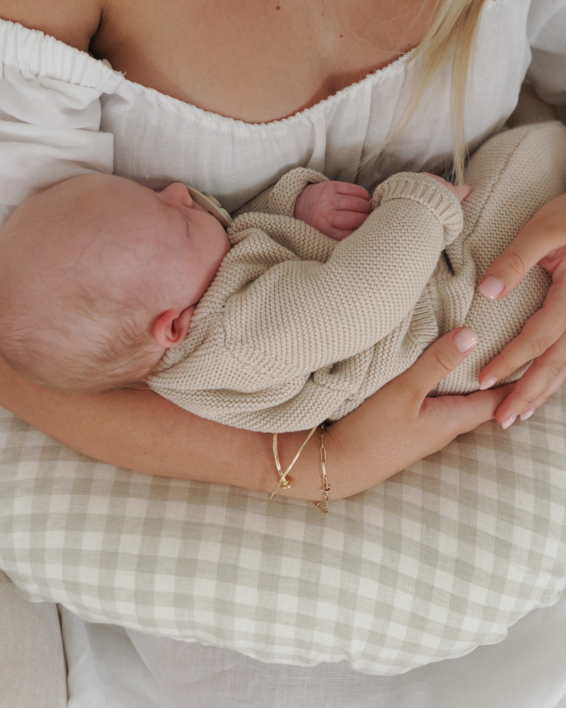 Dove Grey Gingham Nursing Pillow with removable linen cover