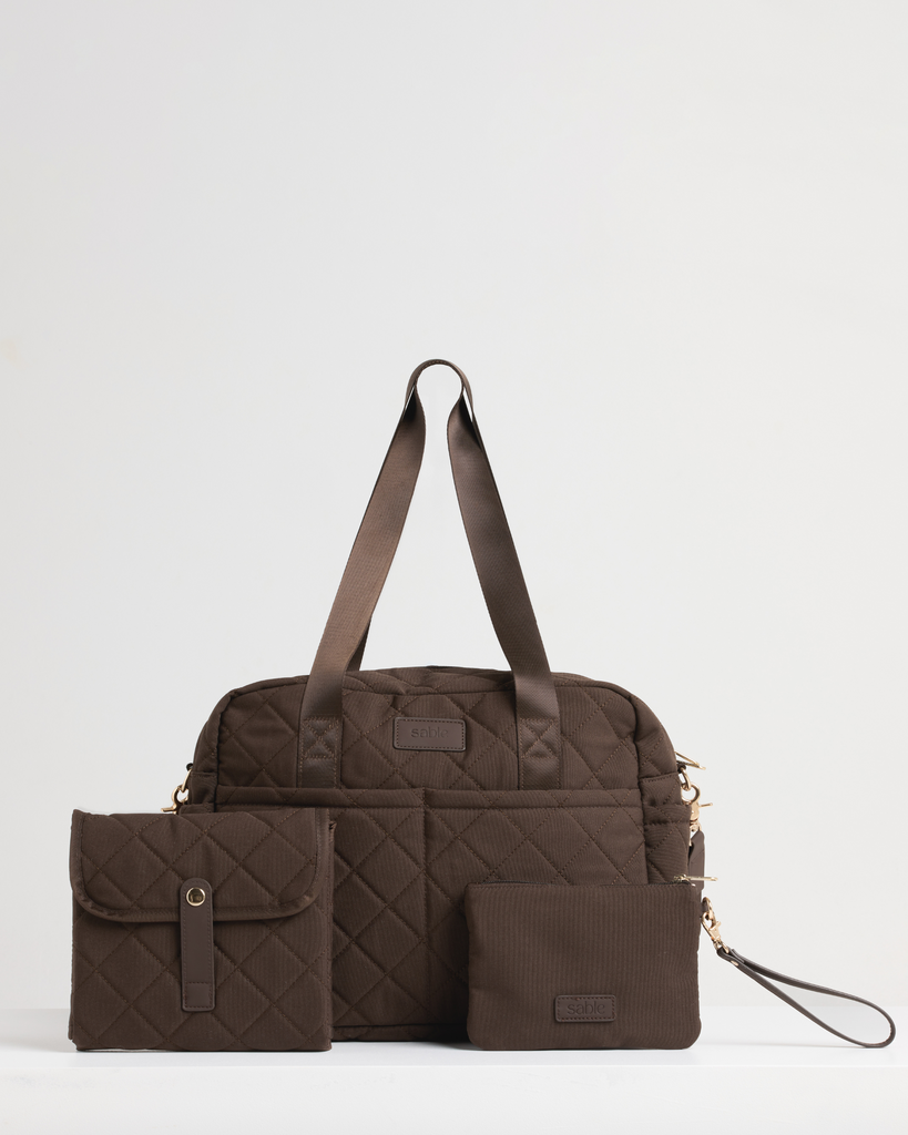 Nappy bag with matching accessories in chocolate