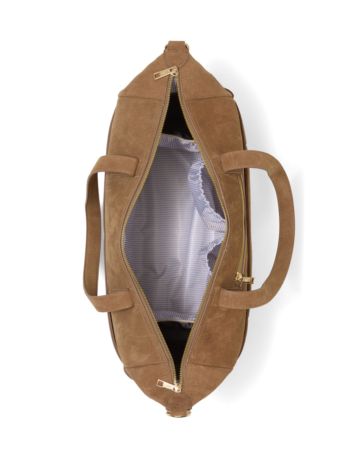 A top-down view of a brown suede nappy bag with its main compartment open, showing a light gray striped interior lining and gold-tone zippers. - Sable Bebe