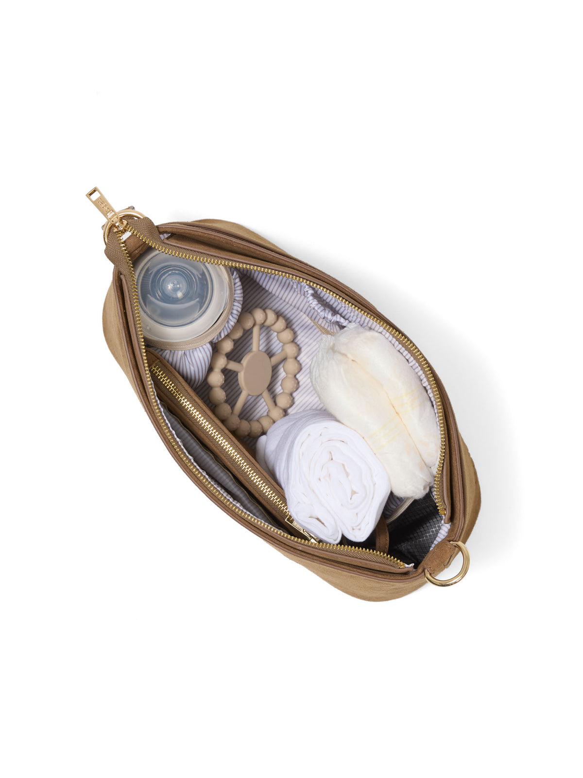 A top view image of a packed pram caddy bag with baby essentials and insulated bottle pockets - Sable Bebe