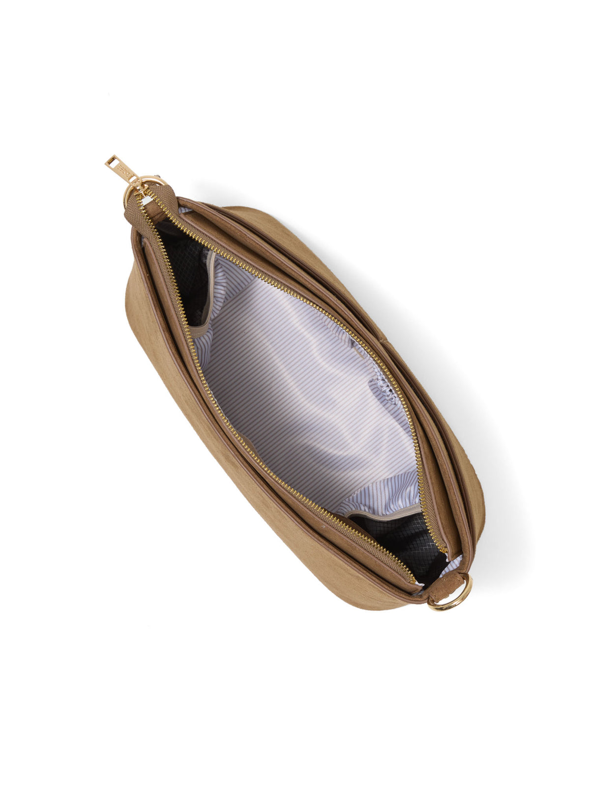 Top view image of the inside of our pram caddy bag in brown suede with insulated bottle pockets - Sable Bebe
