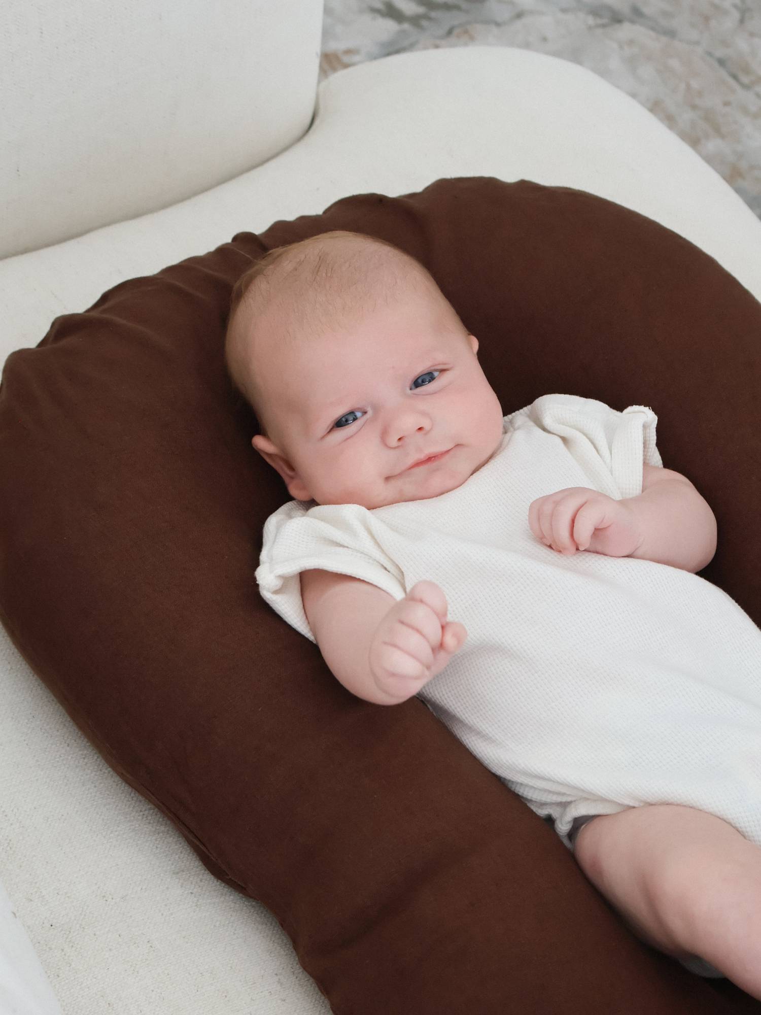 Linen Social Baby Lounger | Chocolate linen baby lounger for supervised awake time and premium nursery styling 100% pure linen baby bedding