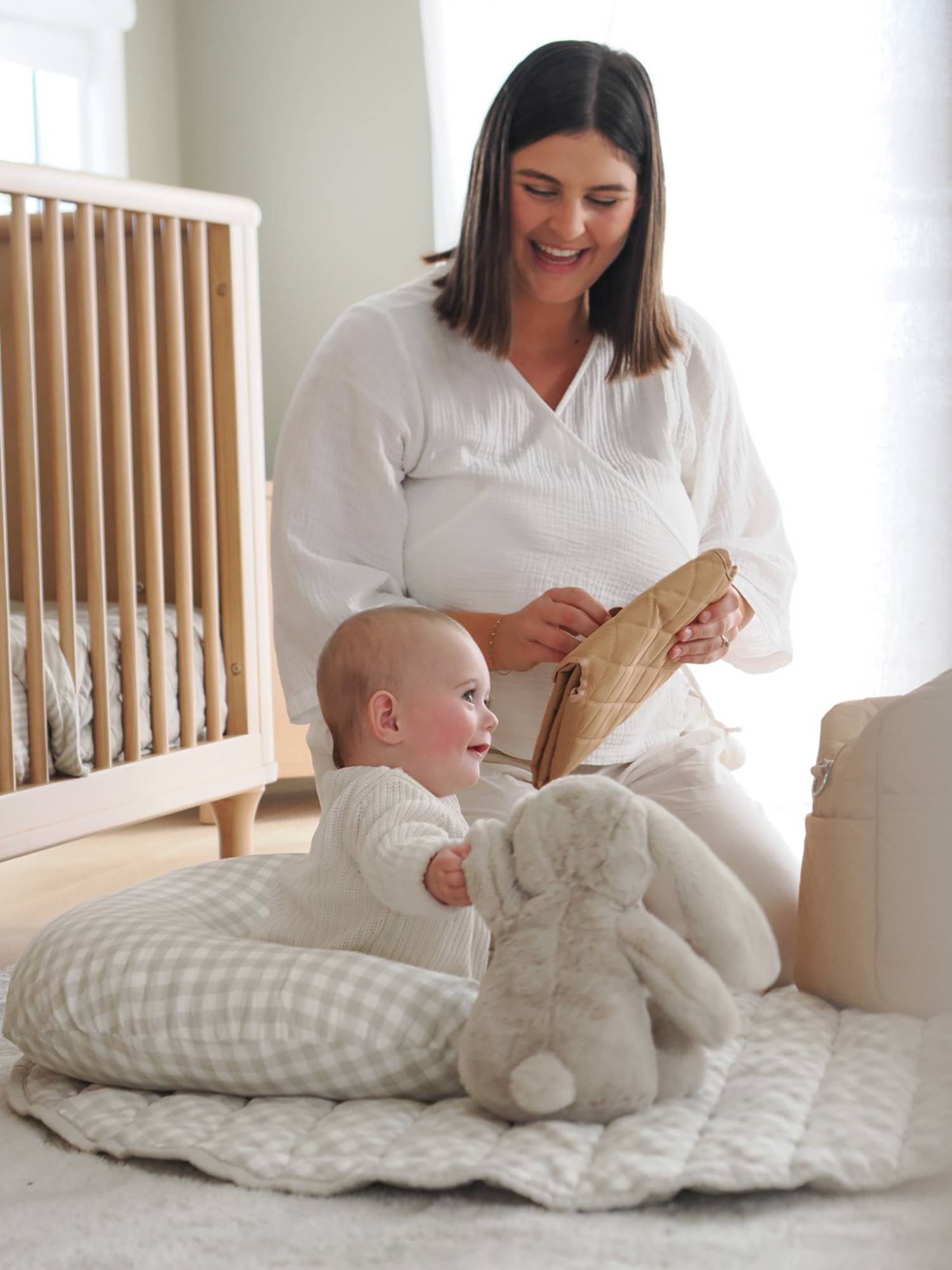 Linen Nursing Pillow - Dove Grey Gingham linen nursing pillow for newborn feeding support and postpartum comfort soft breathable linen fabric