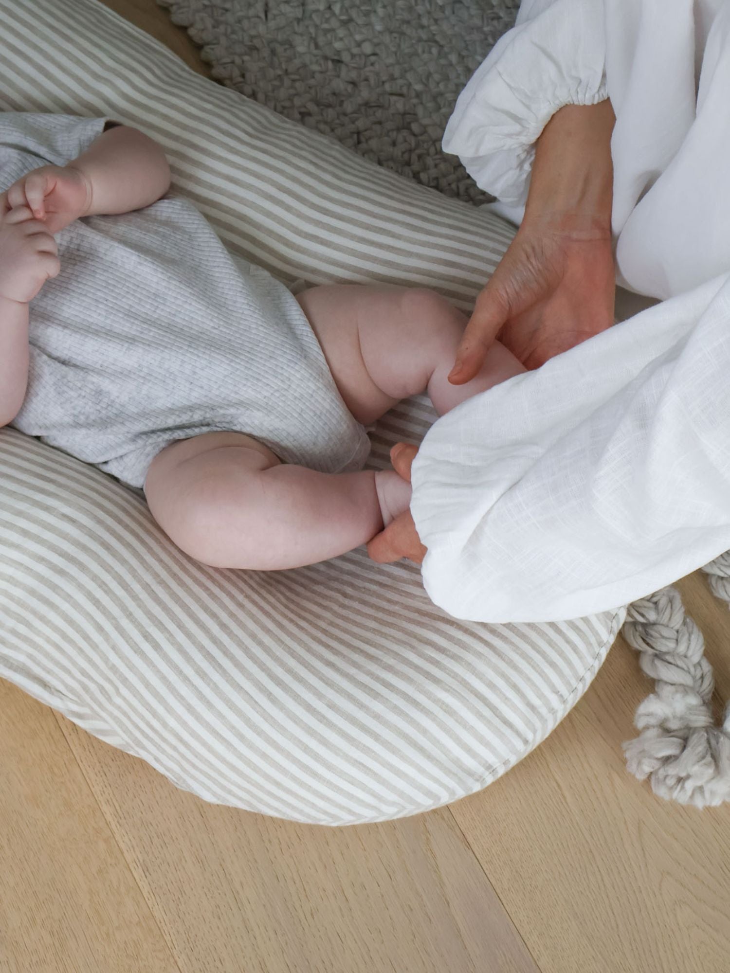 Linen Social Baby Lounger | Natural Striped linen baby lounger for supervised awake time and premium nursery styling baby shower gift idea
