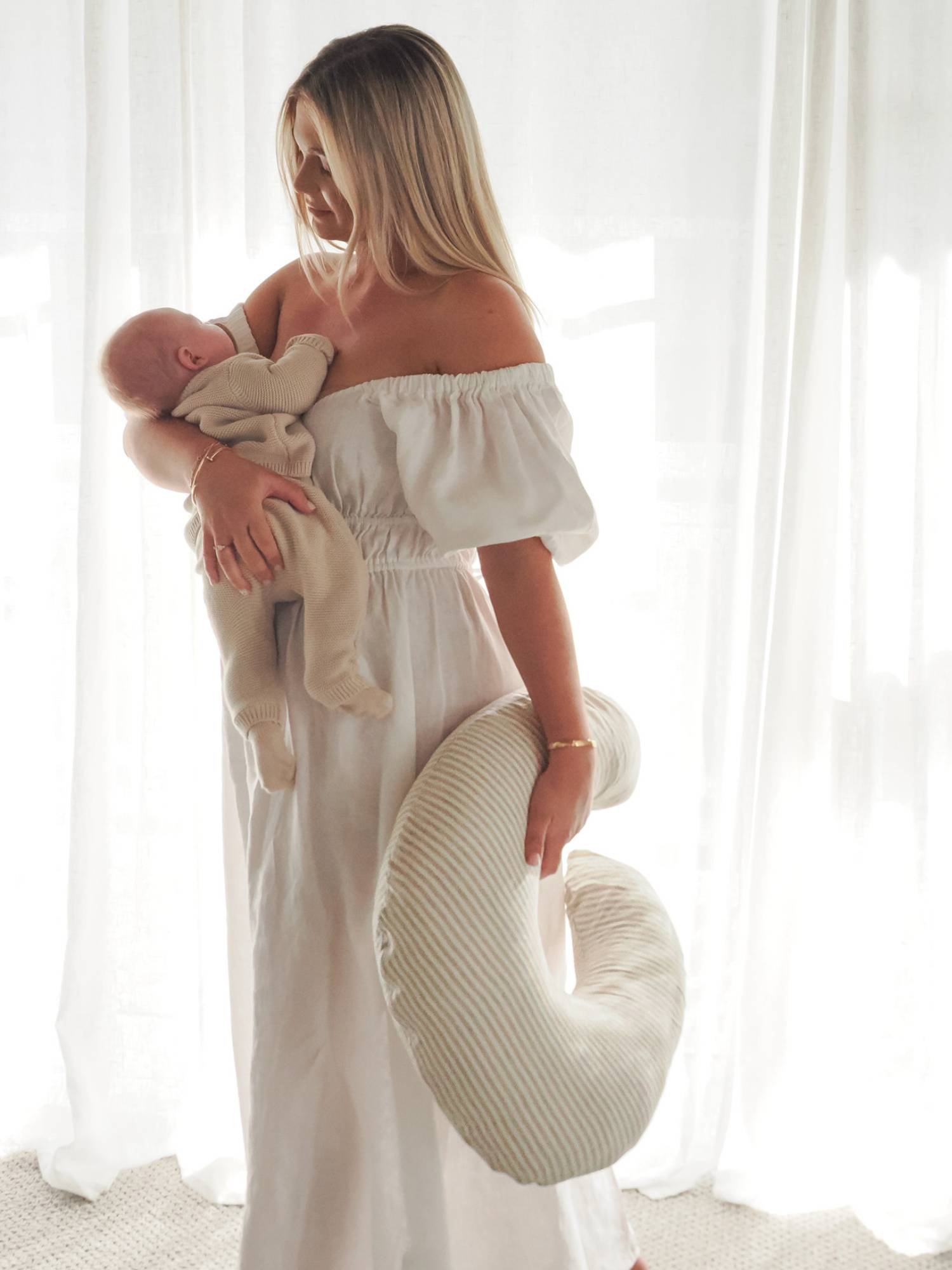 Linen Nursing Pillow - Natural Striped linen nursing pillow for newborn feeding support and postpartum comfort everyday parenting essential
