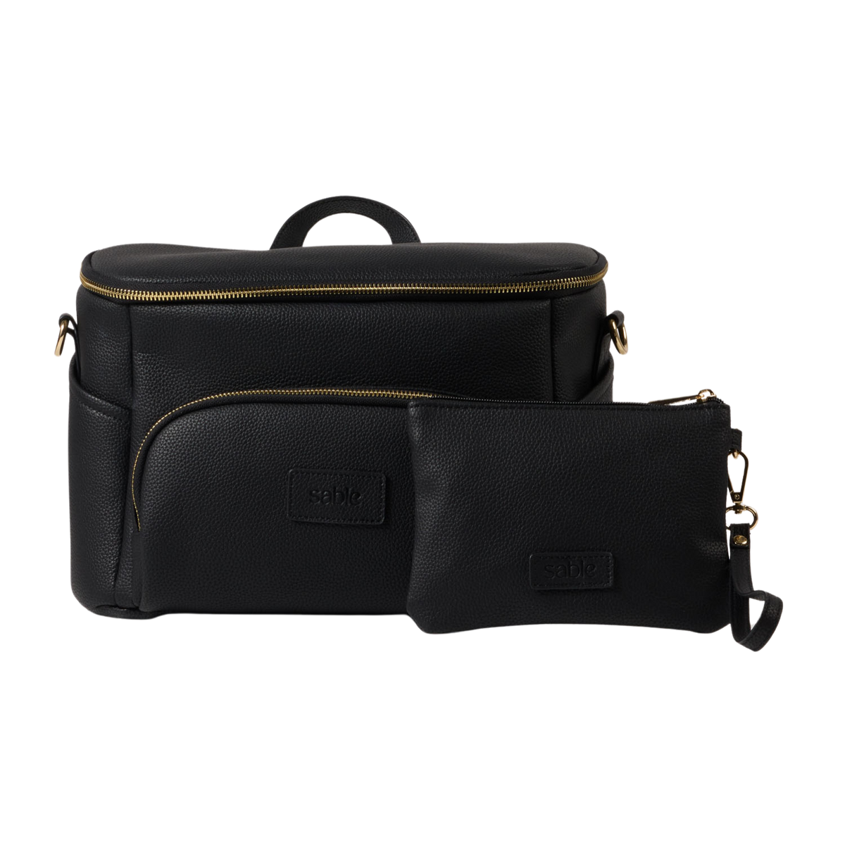 Black Pram Caddy and matching zipped pouch with gold hardware and carry handle - Sable Bebe