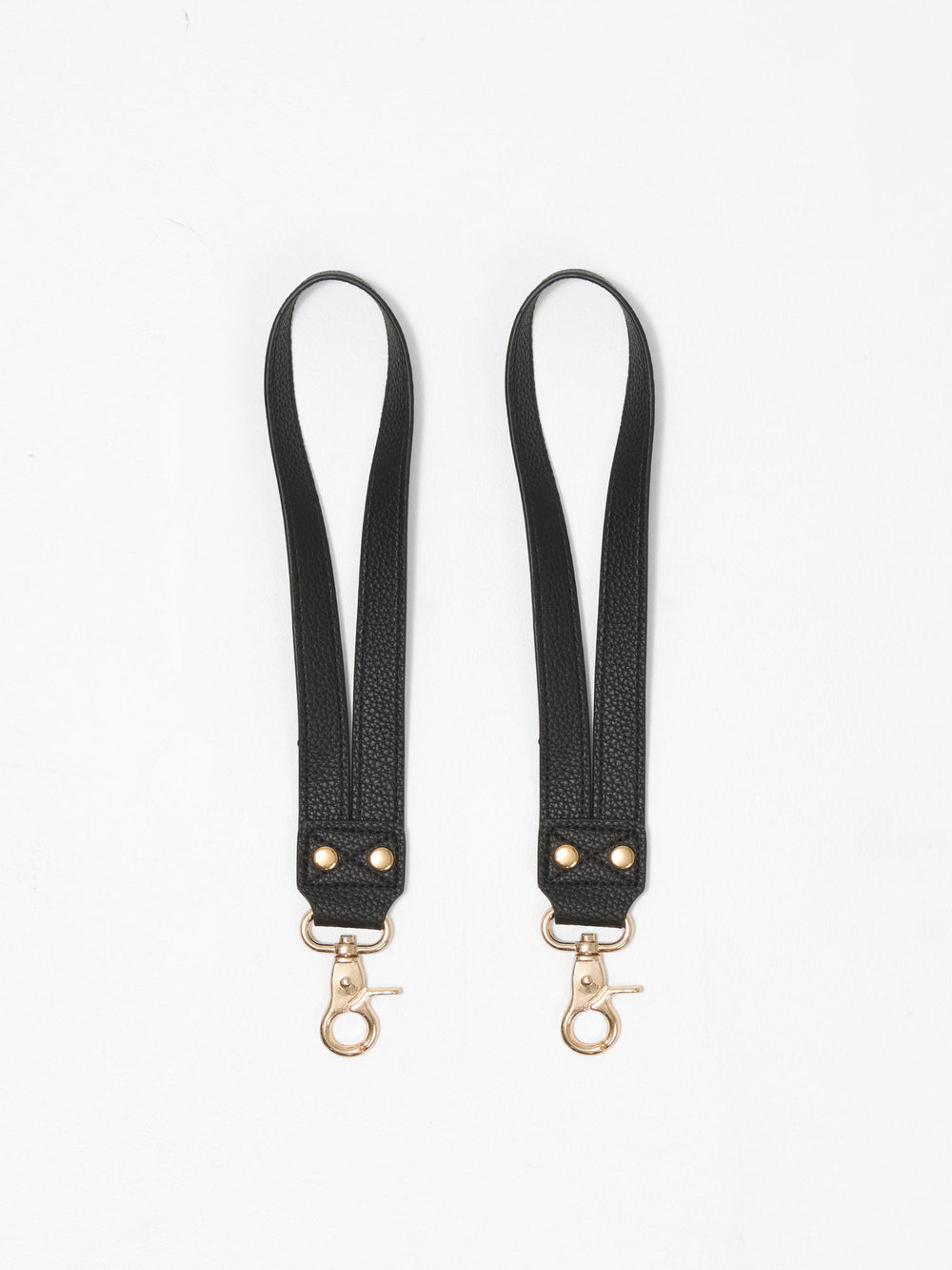 Pair of black vegan leather pram straps with gold swivel clips