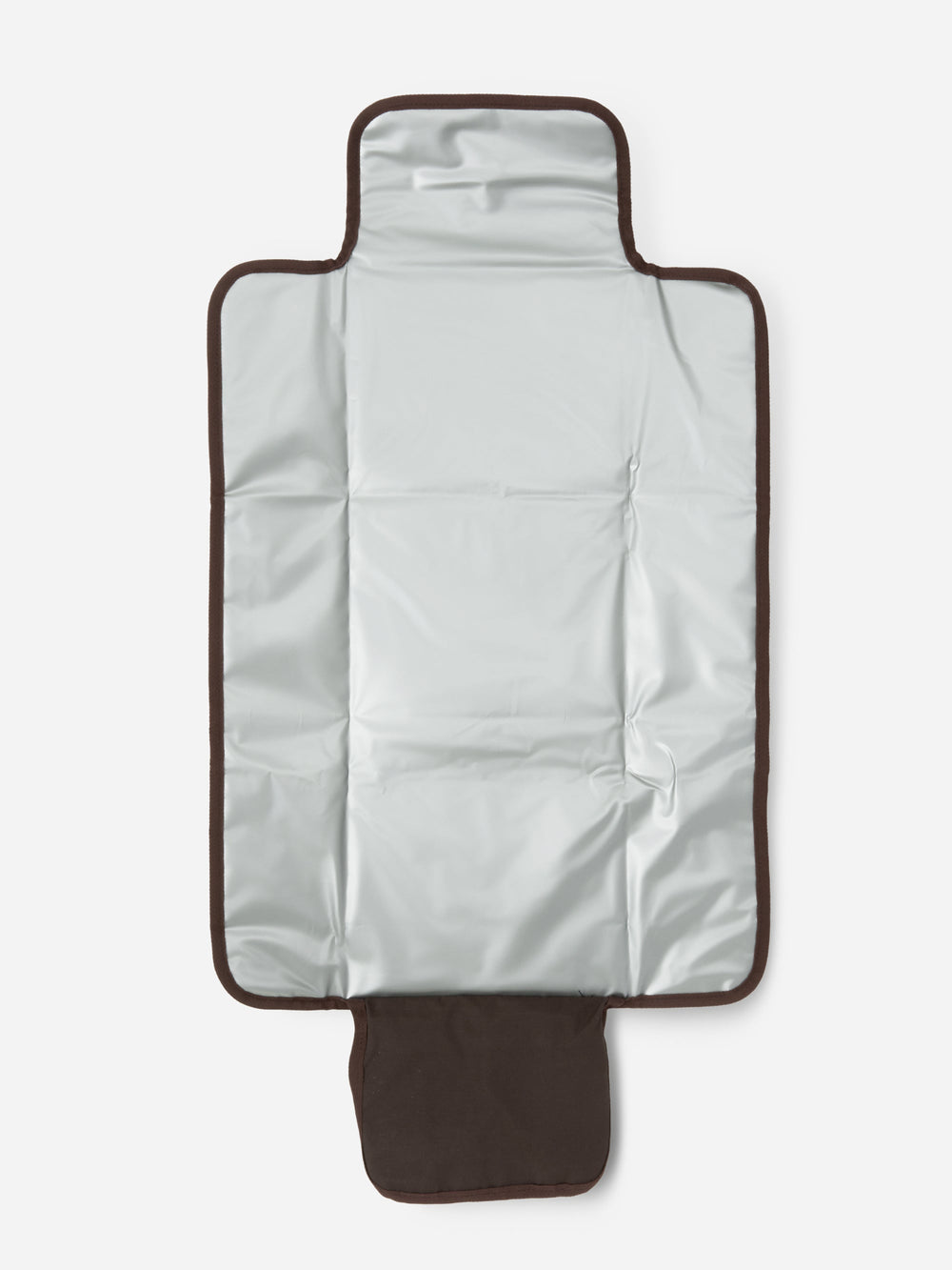 Chocolate quilted change mat unfolded to show its wipe-clean silver lining