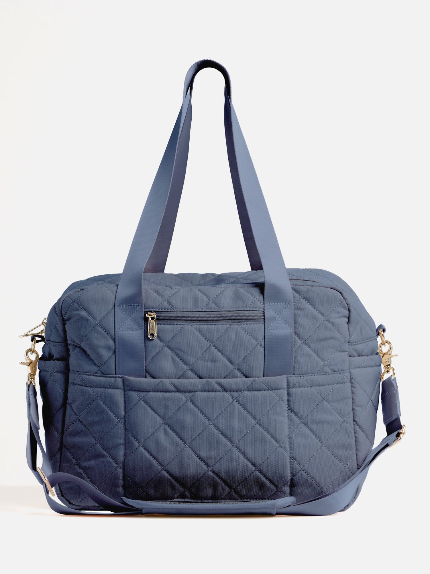 Dusty Blue Quilted Nappy Bag back product view with spacious storage compartments