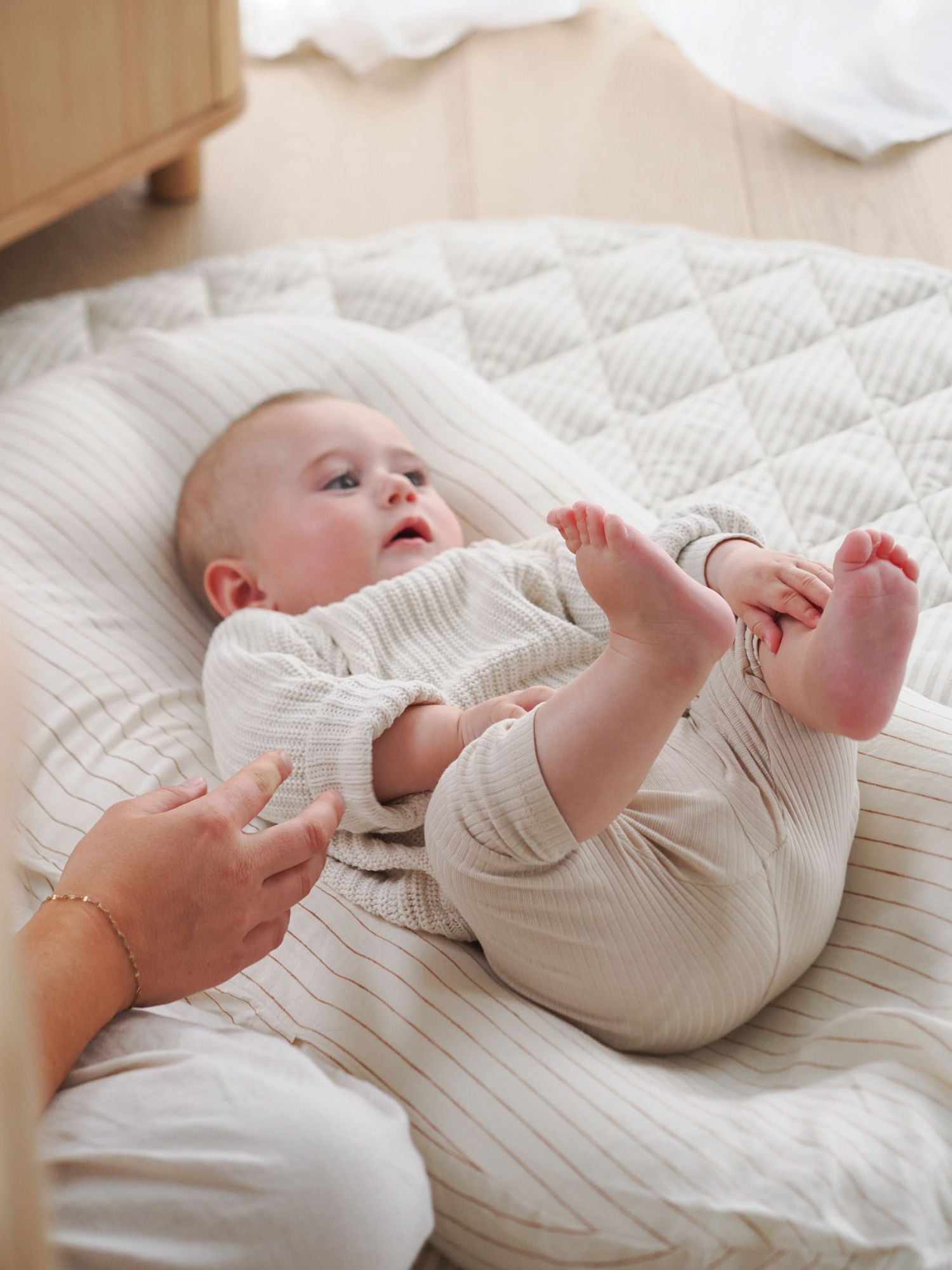 Linen Social Baby Lounger | Sandalwood Pencil Striped